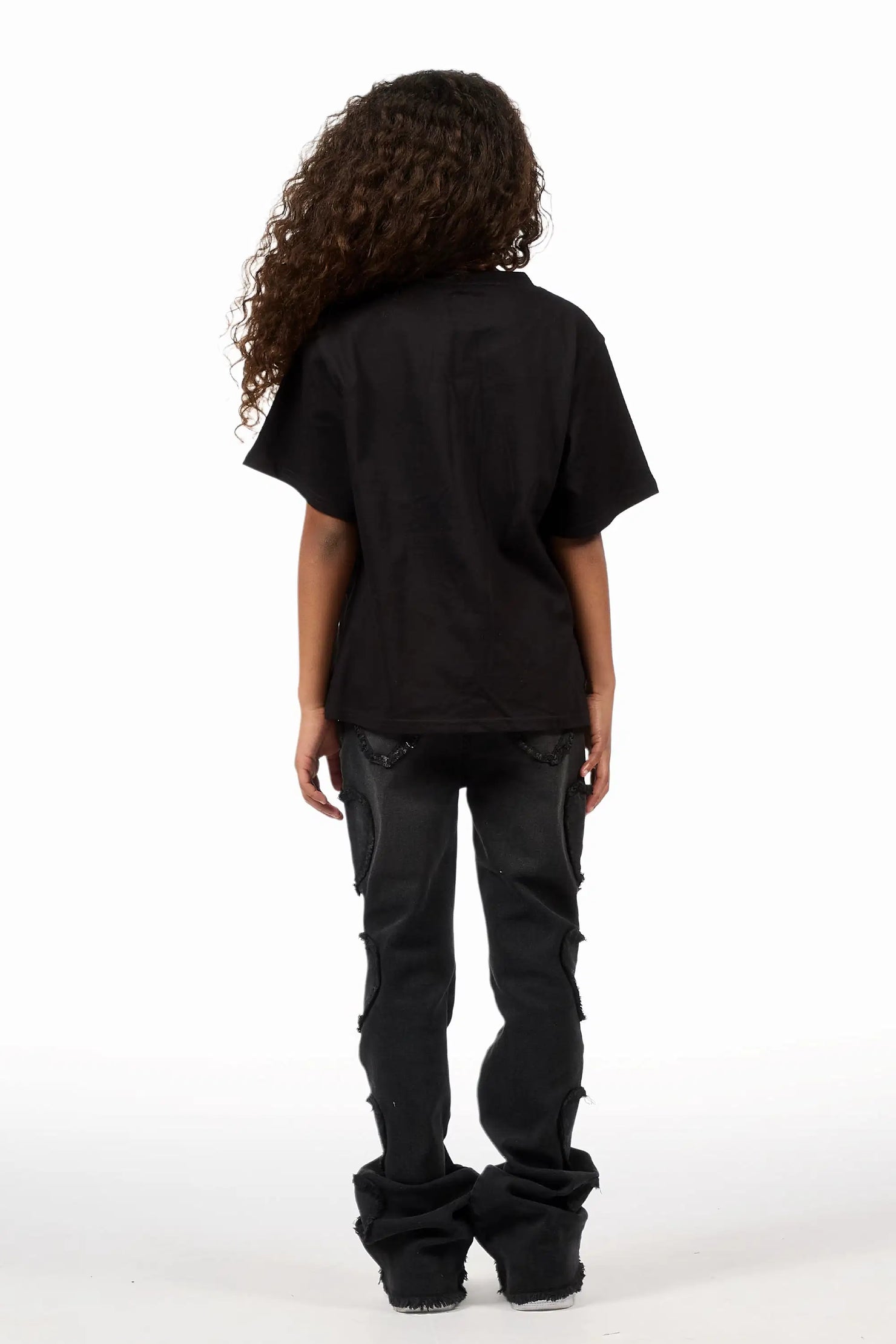 Girls Sinayah Heart Black Stacked Flare Jean