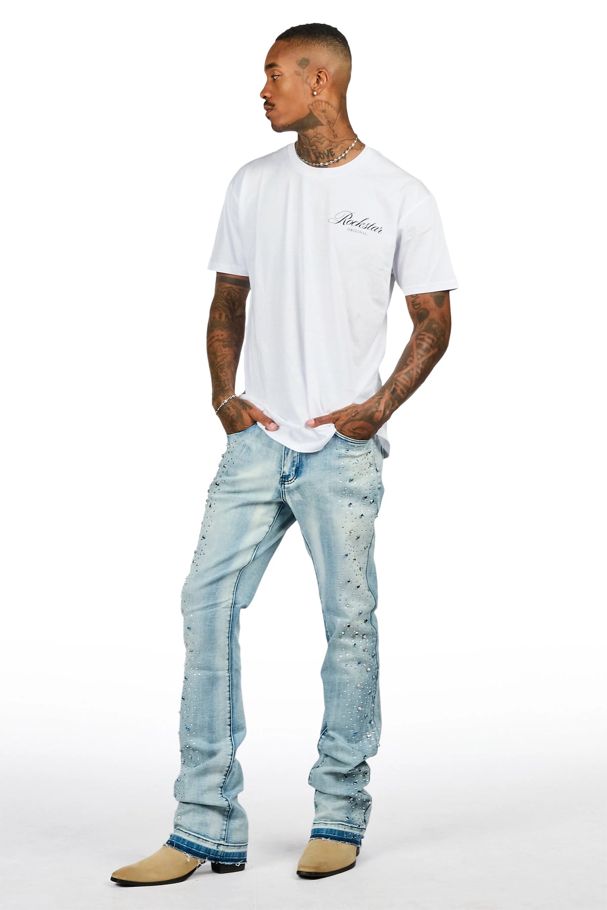 Monty Light Blue Rhinestone Studded Stacked Flare Jean