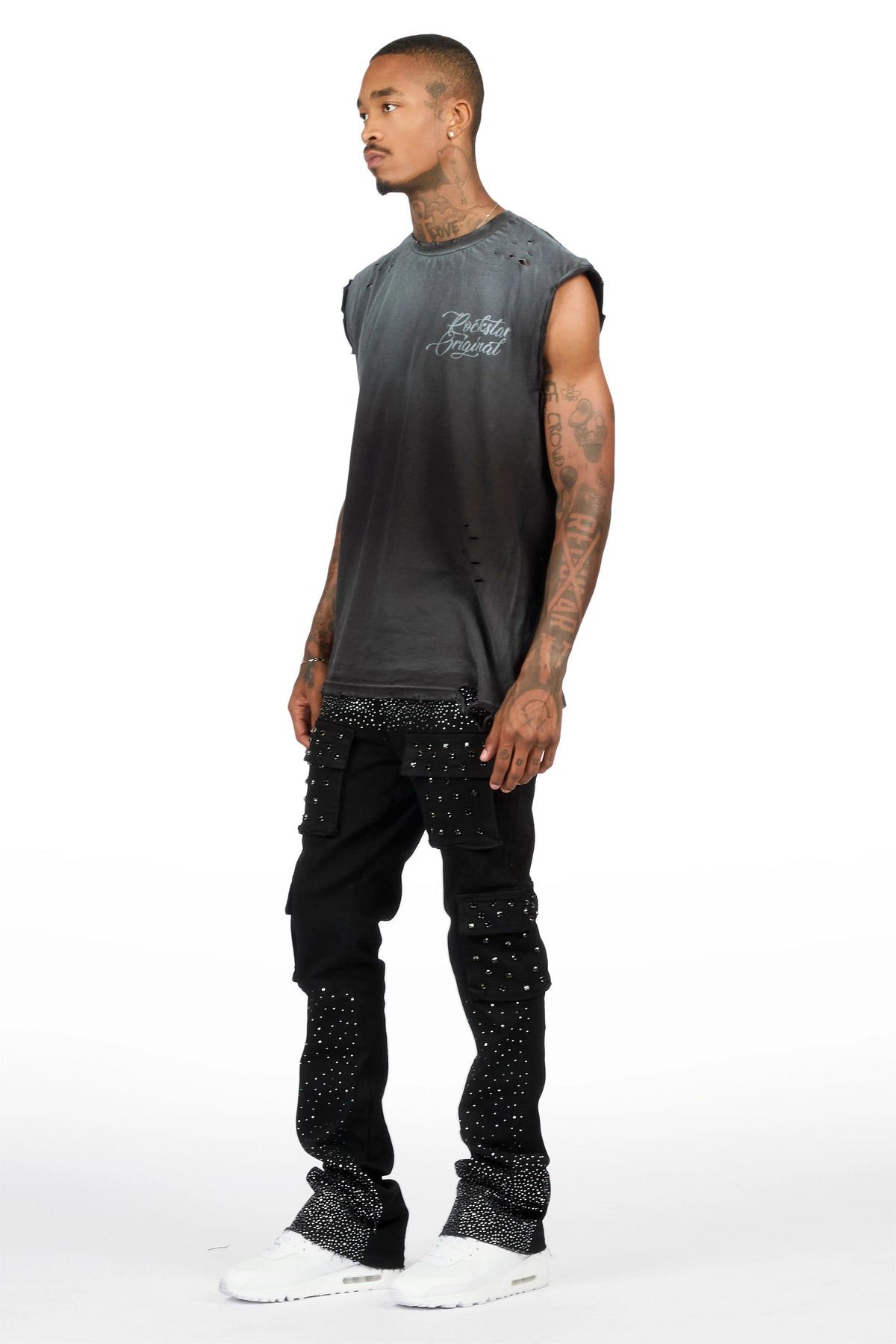 Arman Jet Black Rhinestone Stacked Fit Jean