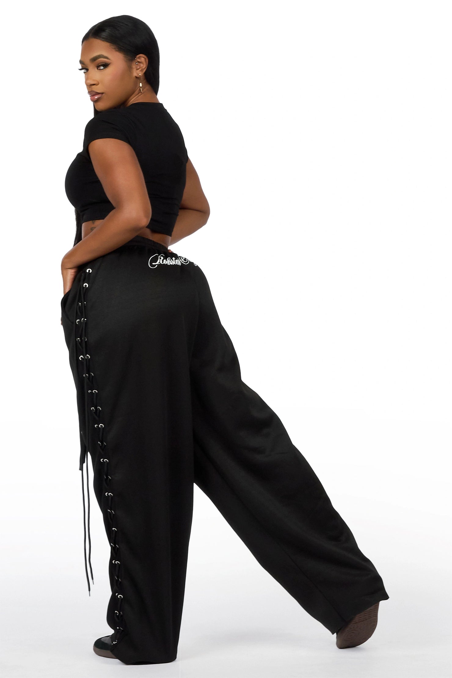 Desire Black Lace Up  Crop T-Shirt Baggy Track Set