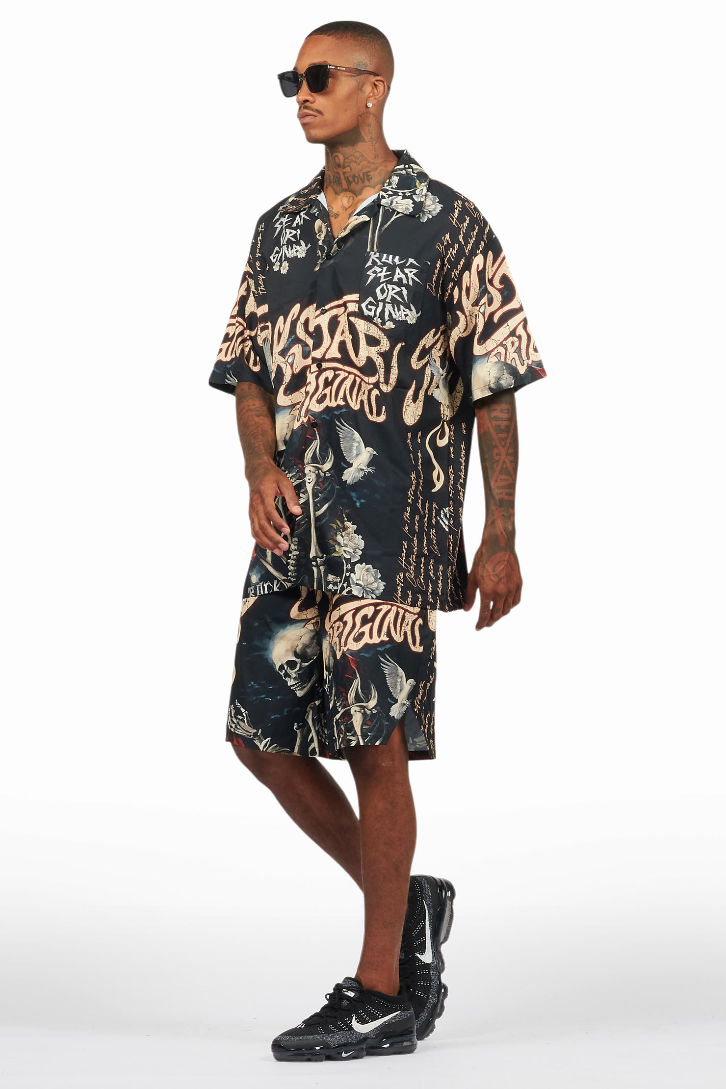 Clout Black Button Down Short Set