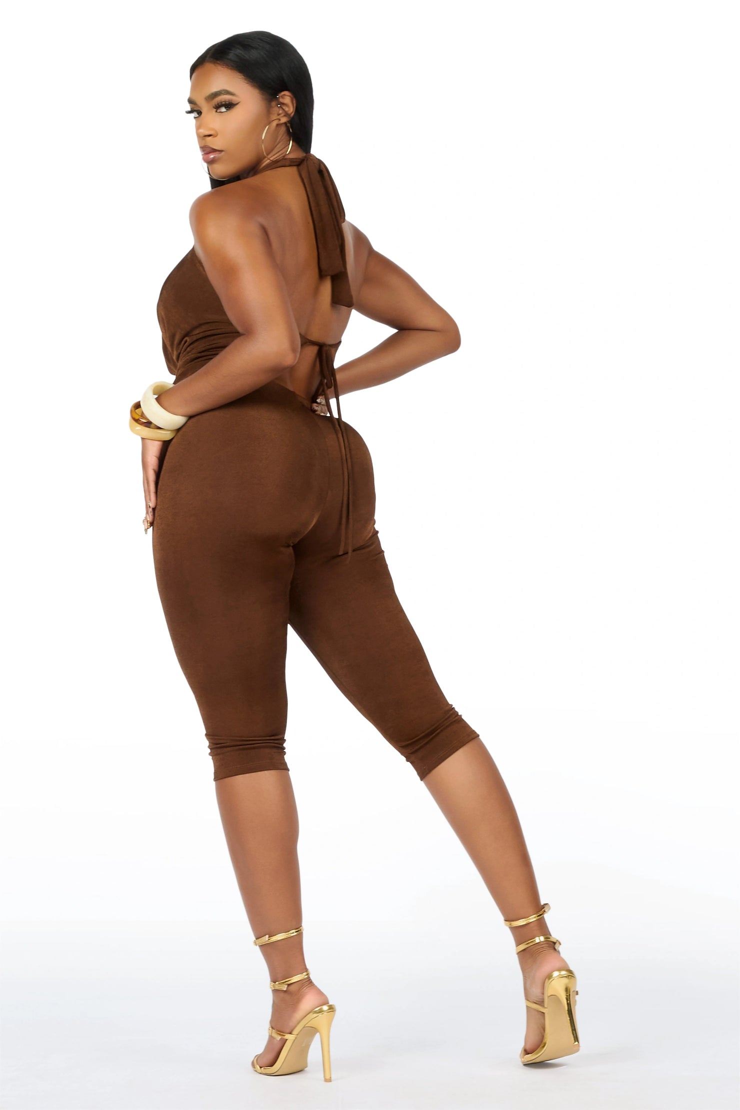 Draped-Up Brown Matching Capri Set