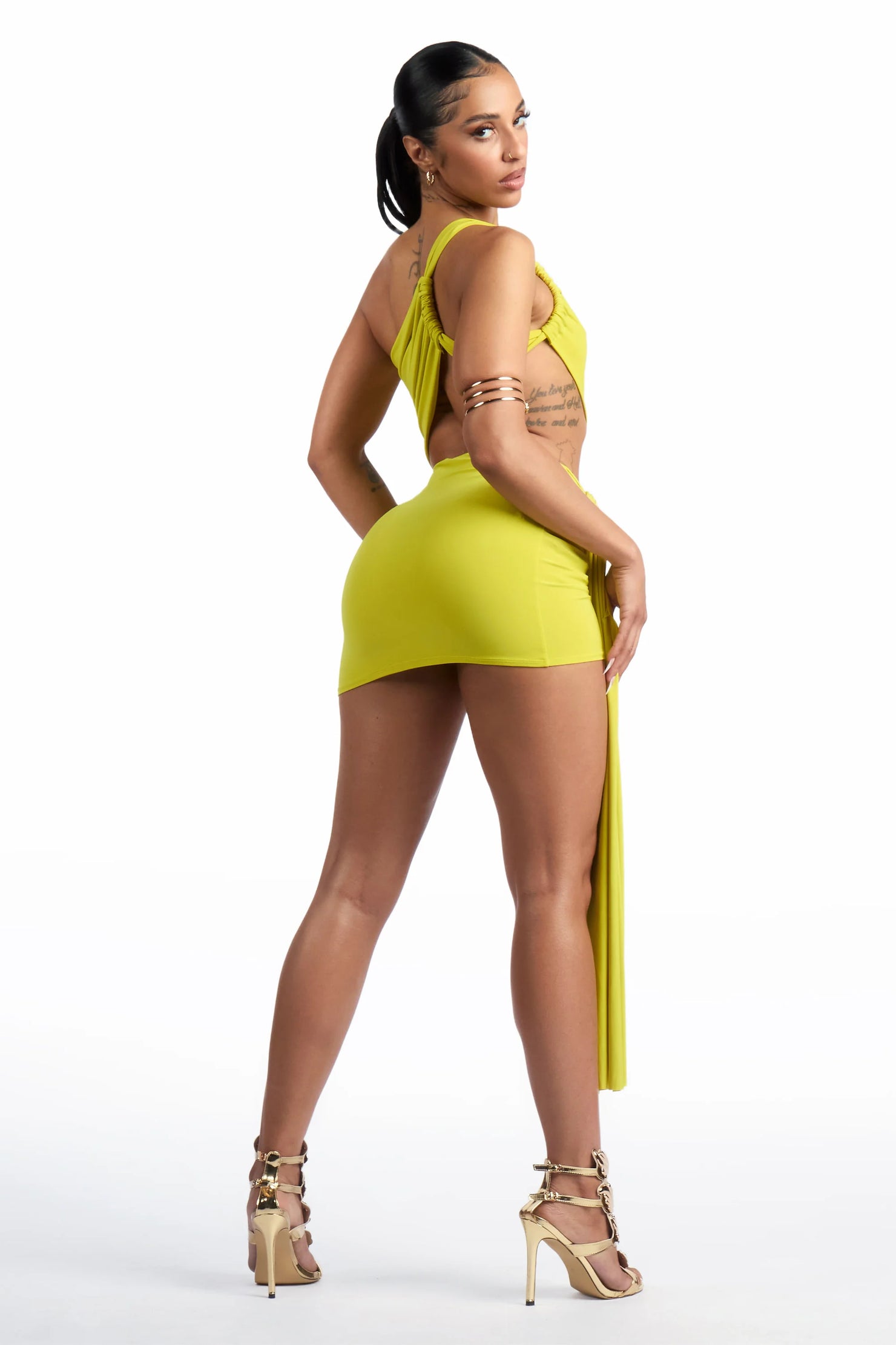 Braid-ed Chartreuse One Shoulder Mini Dress