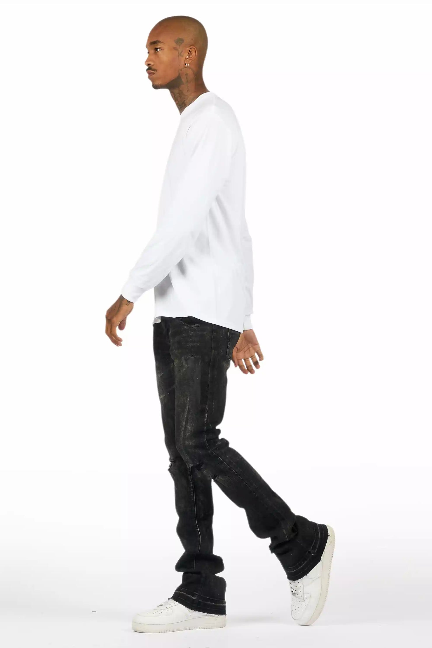 Inkspill Grey Oil Wash Stacked Flare Jean