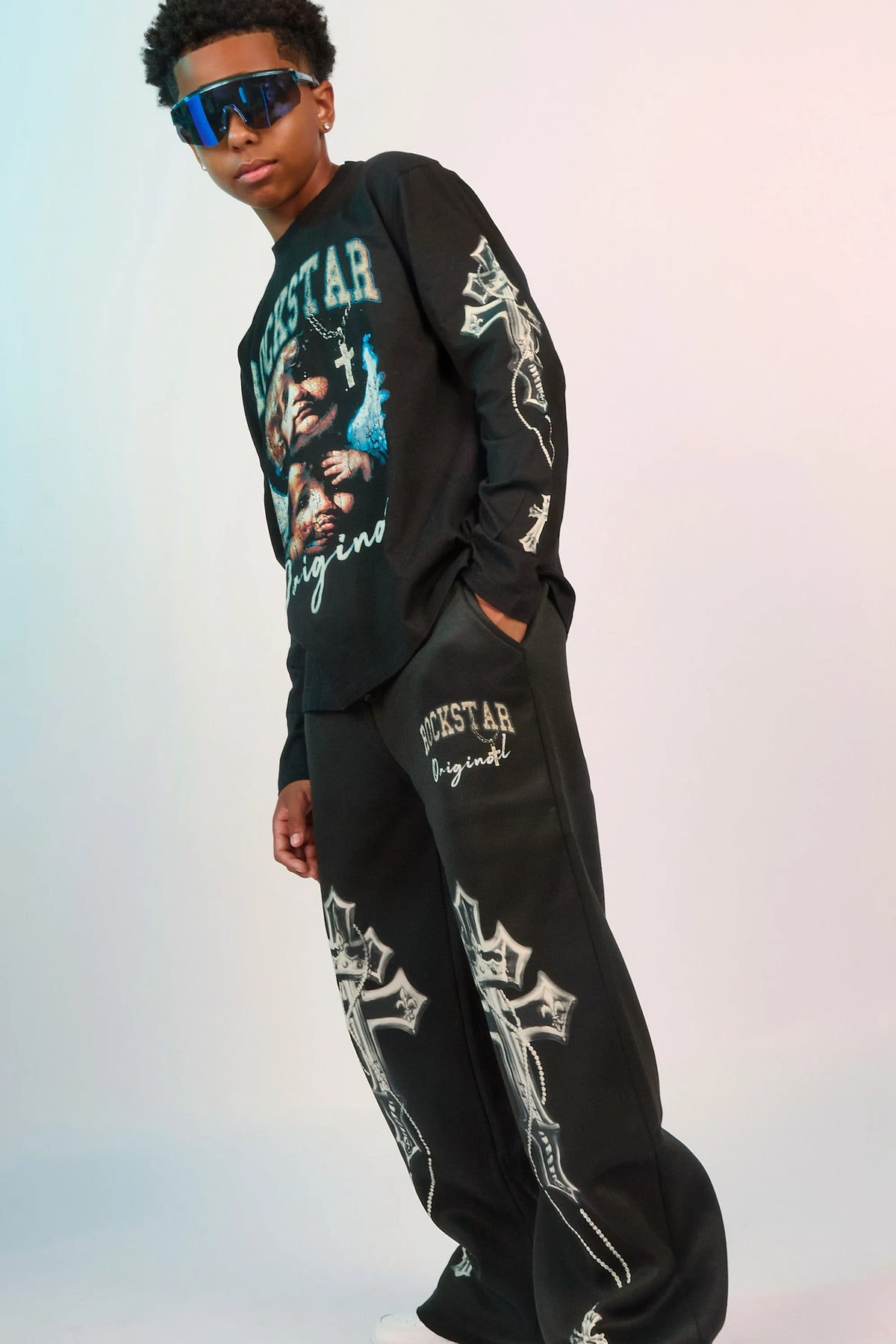 Boys Deiter Black/Black Long Sleeve  Graphic T-Shirt Track Set