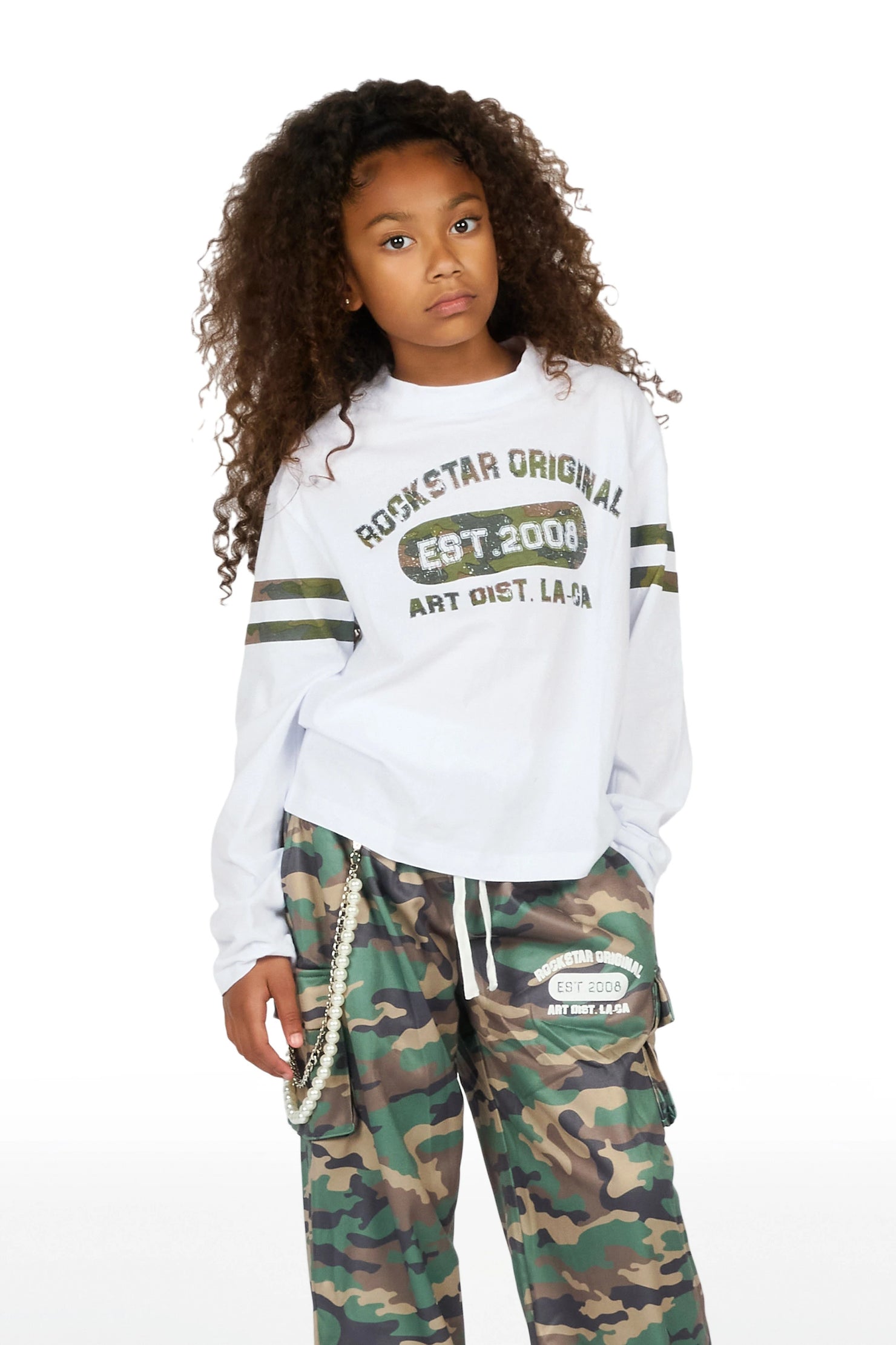 Girls Alexa White/Camo Long Sleeve Shirt Double Waisted Super Baggy Track Set