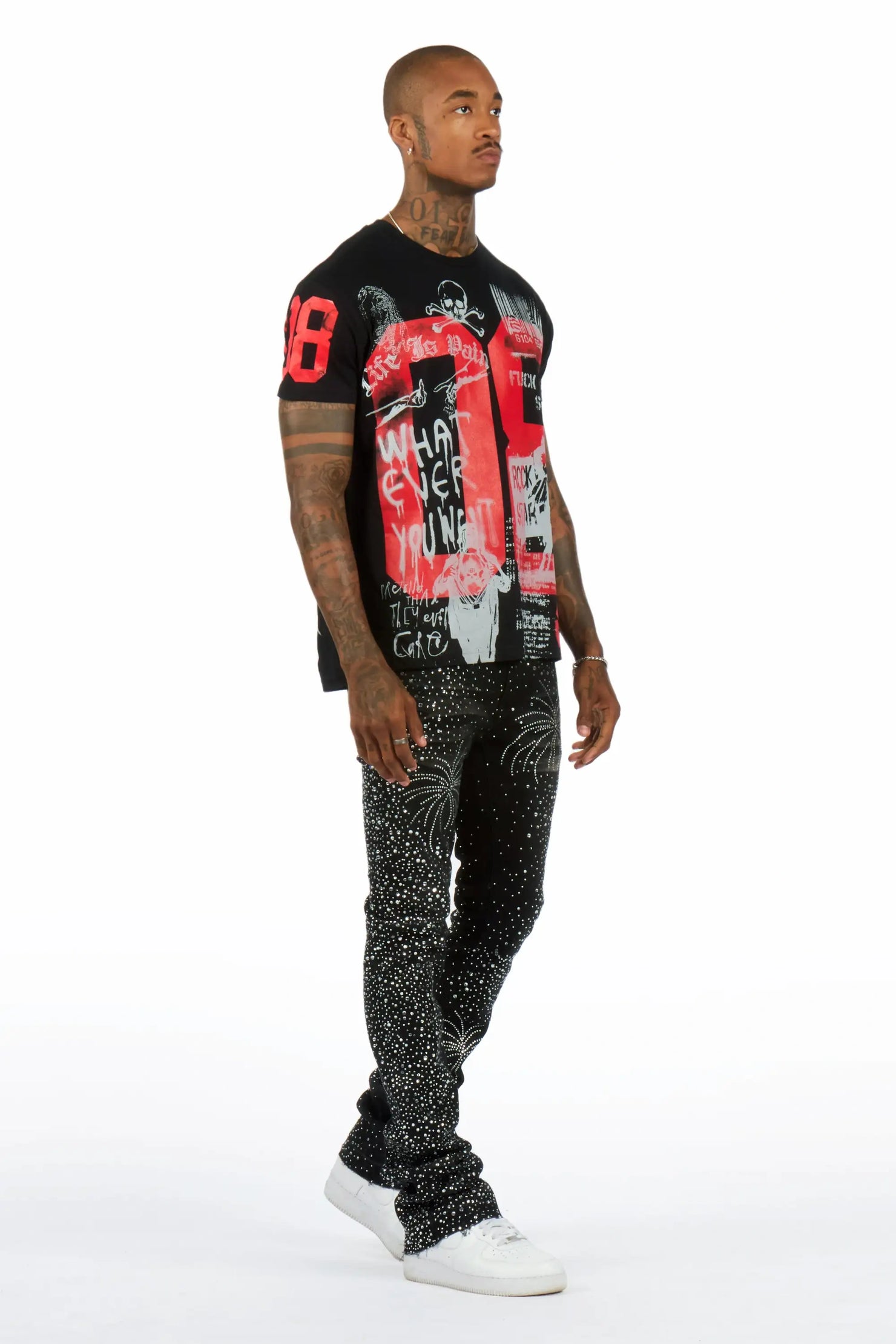 Raiden Dark Grey Rhinestone Stacked Fit Jean