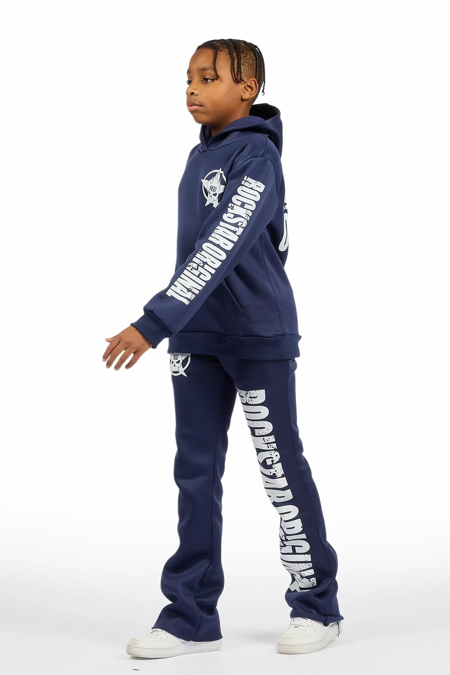 Boys Keve Navy Hoodie Stacked Track Pant Set