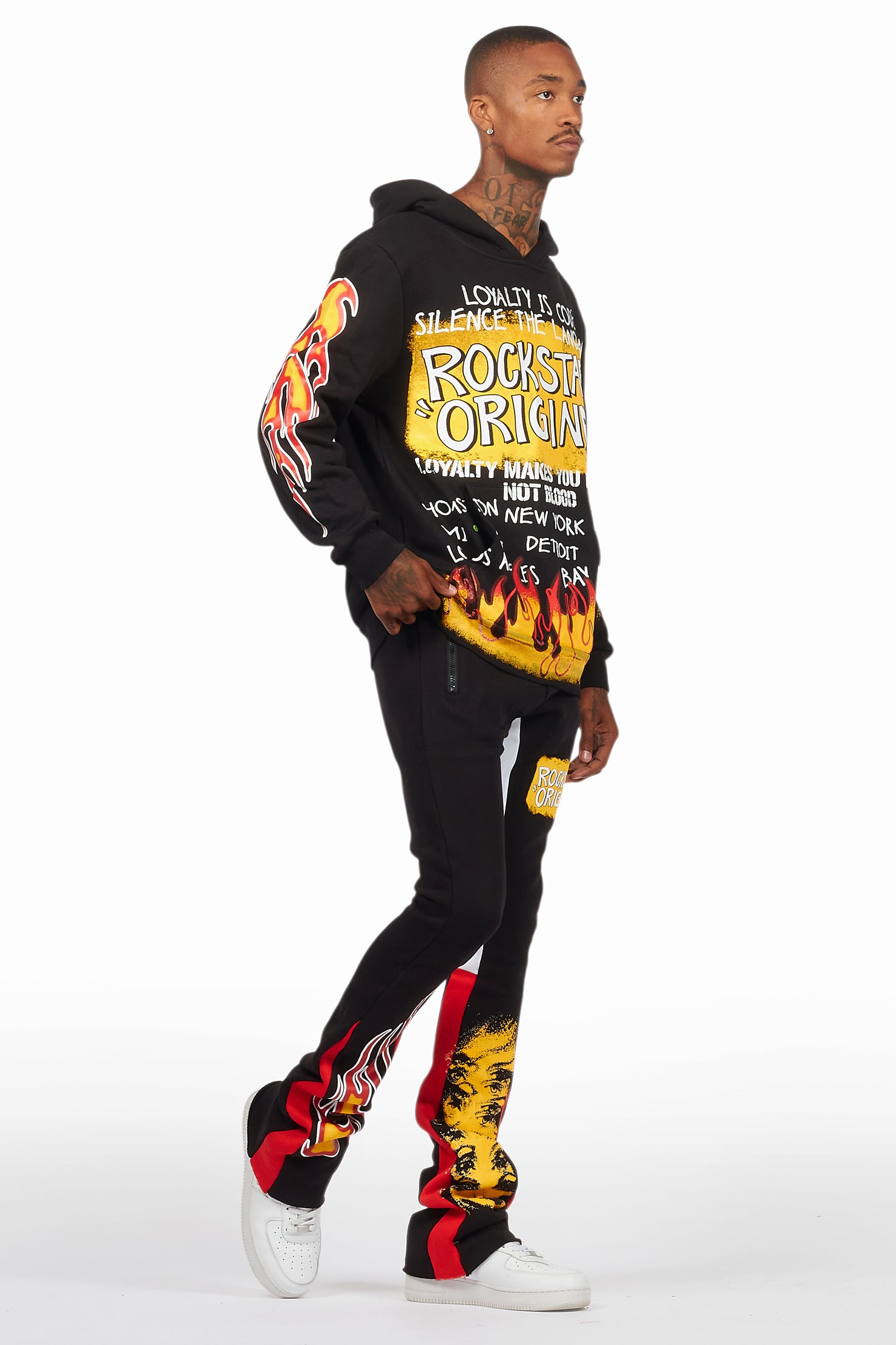 Beno Black/Yellow Stacked Flare Hoodie Track Set