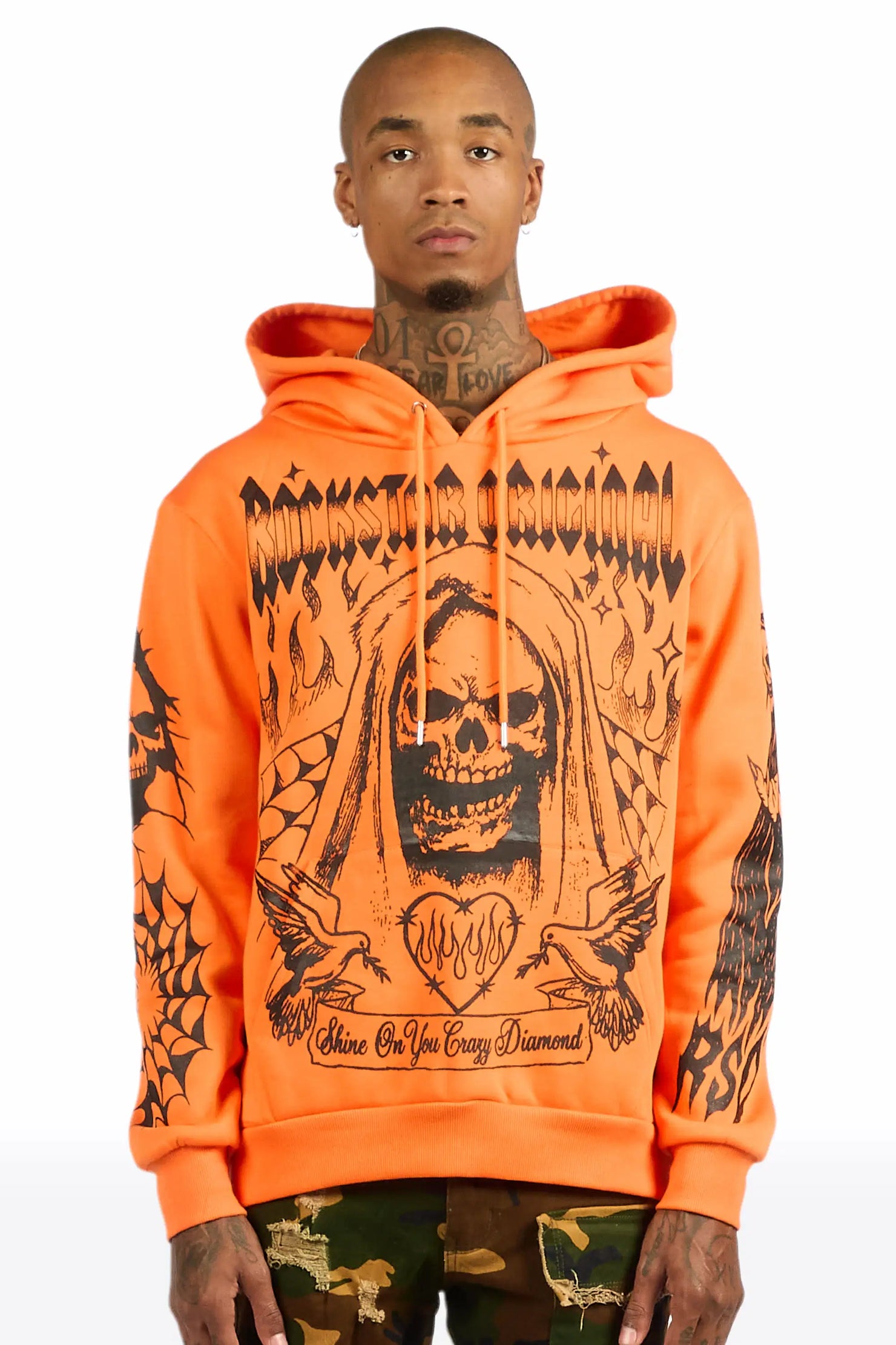 Pogboom Orange Graphic Distressed Relaxed Hoodie