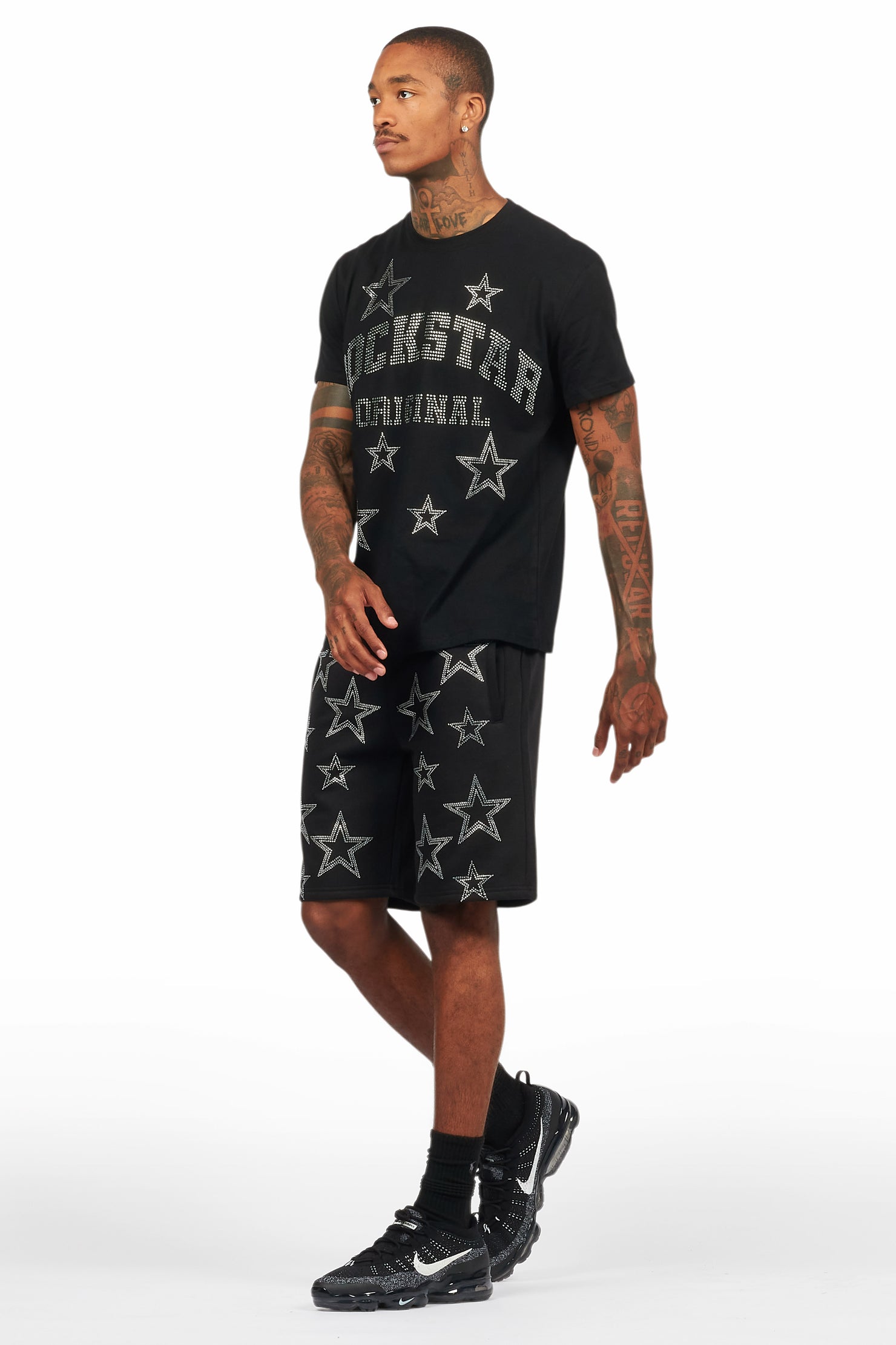 Nox Black Rhinestone T Shirt Short Set