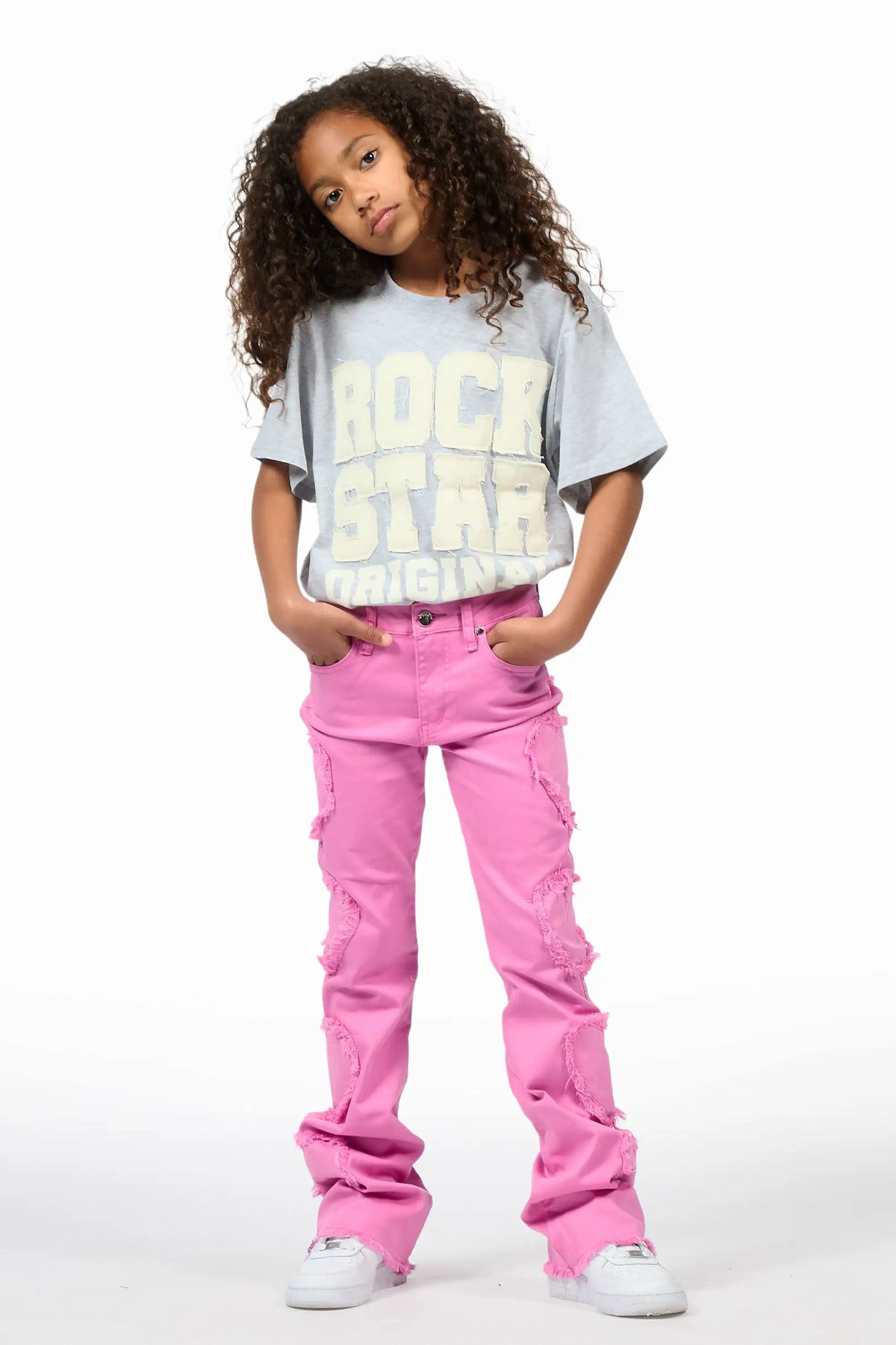 Girls Sinayah Heart Baby Pink Stacked Flare Jean