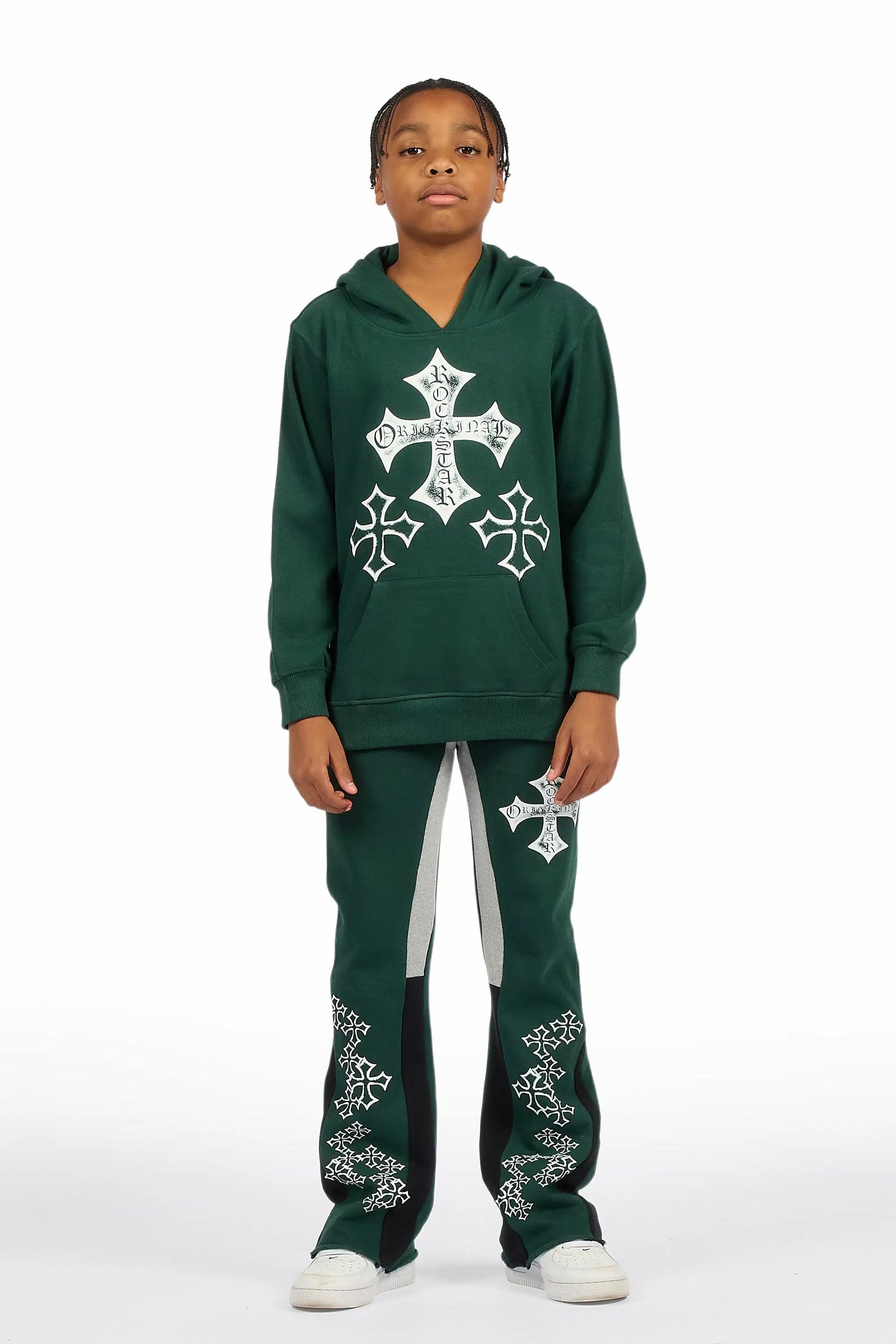 Boys Marizon Green/White Hoodie/Stacked Flare Track Set