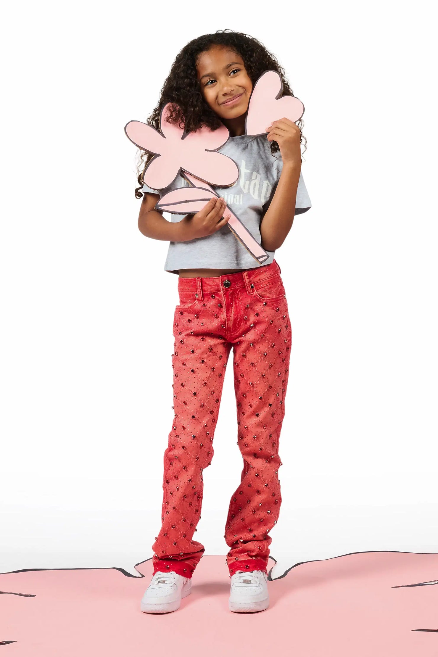 Girls Glit Red Rhinestone Stacked Flare Jean