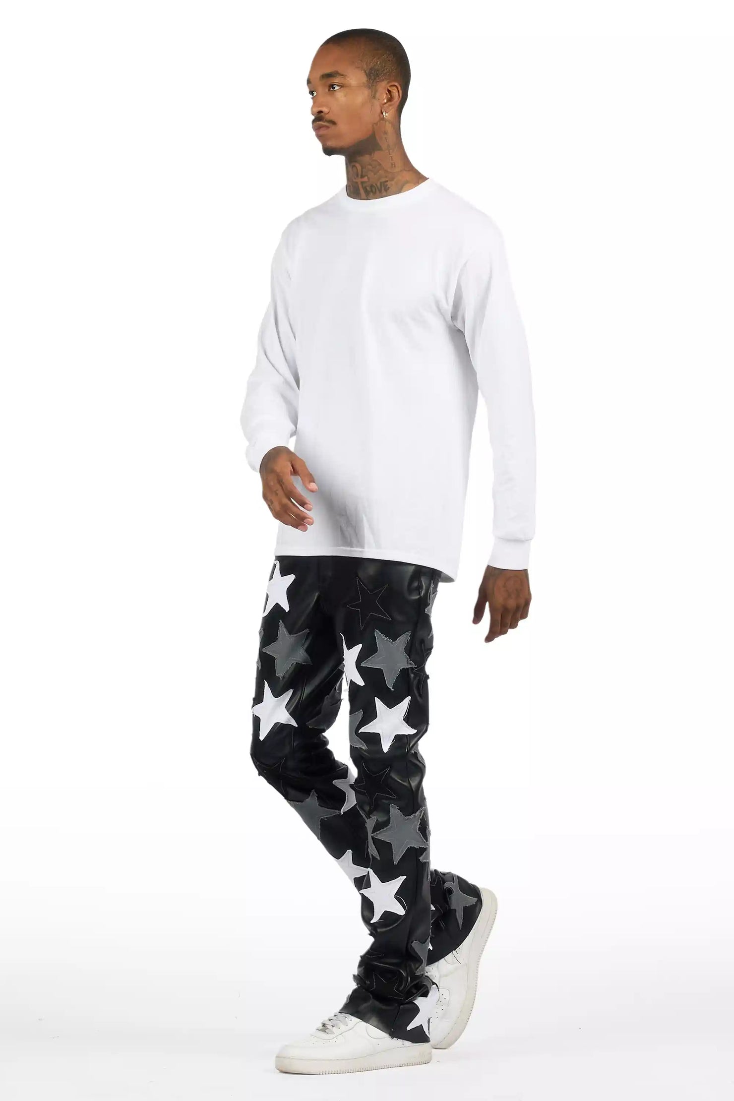 Starlane Black Stacked Flare PU Pants