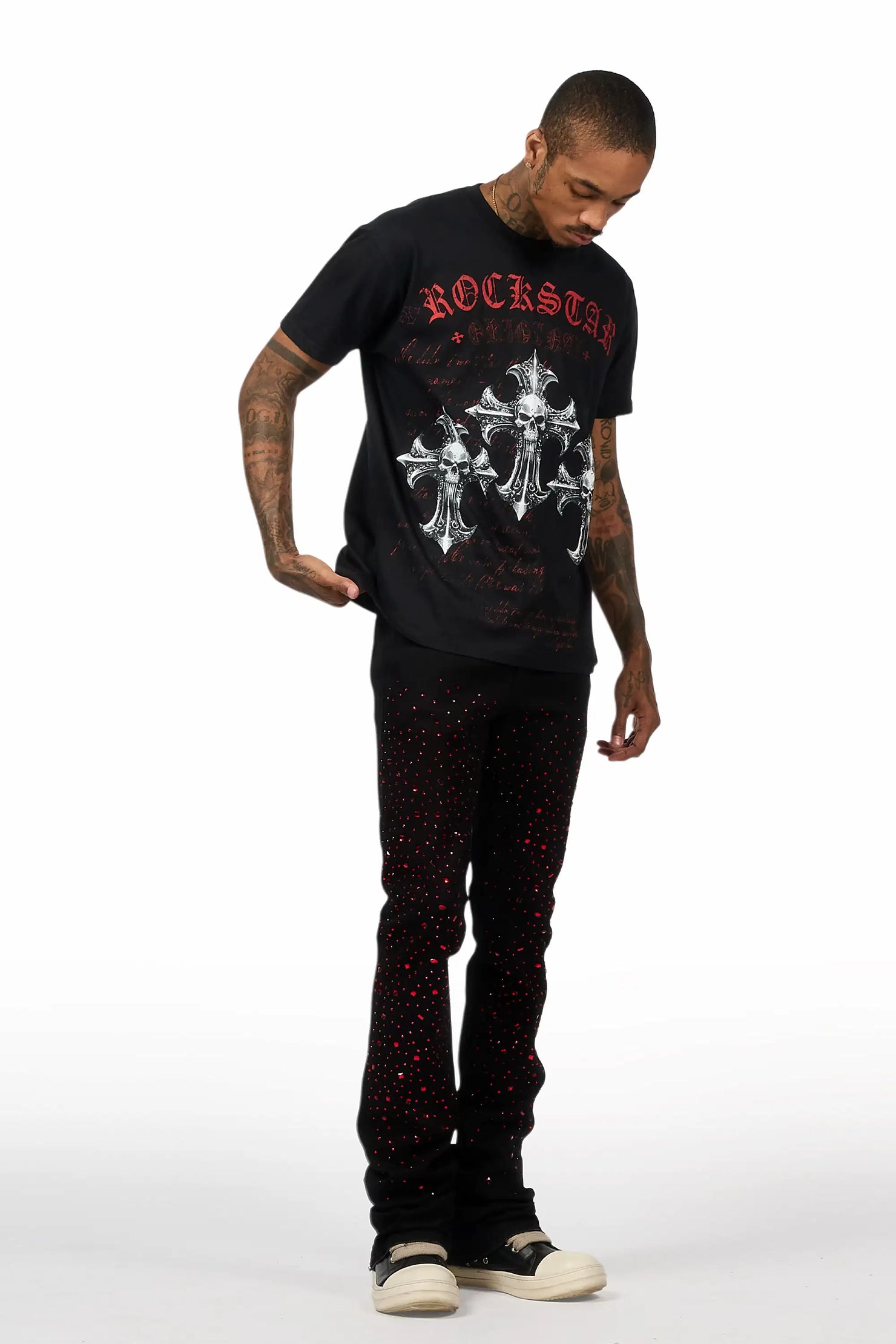 Twinkle Black Rhinestone Stacked Flare Jean