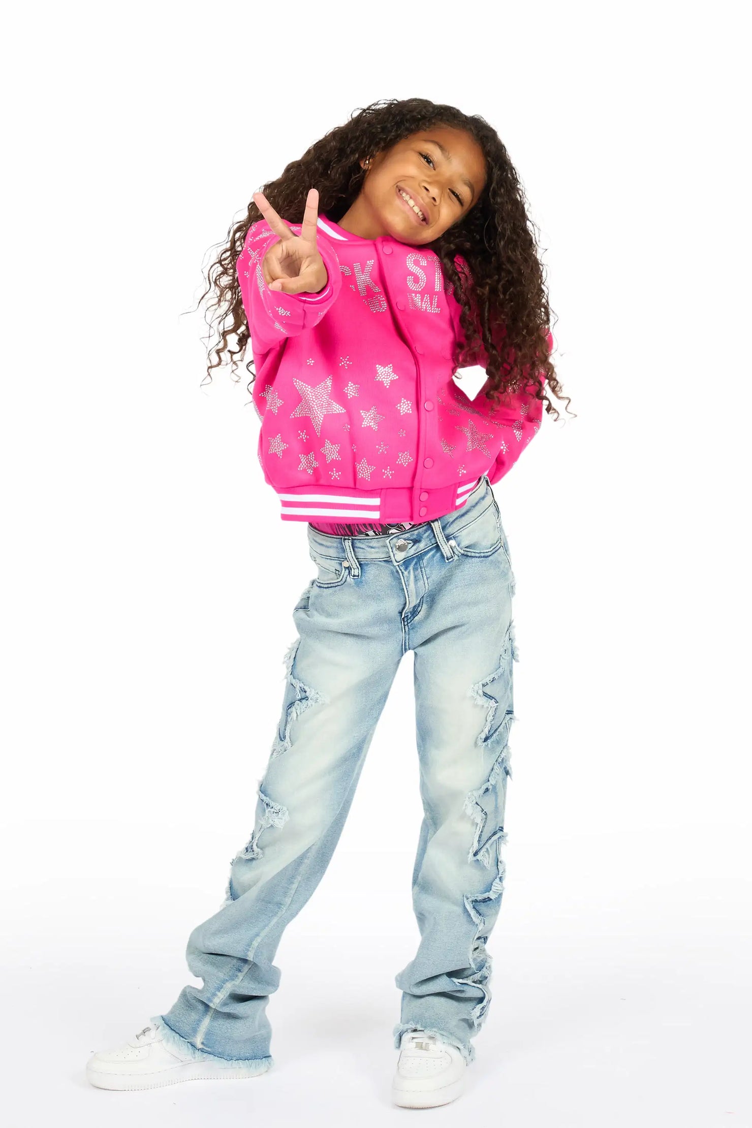 Girls Shanda Pink Crop Varsity Jacket