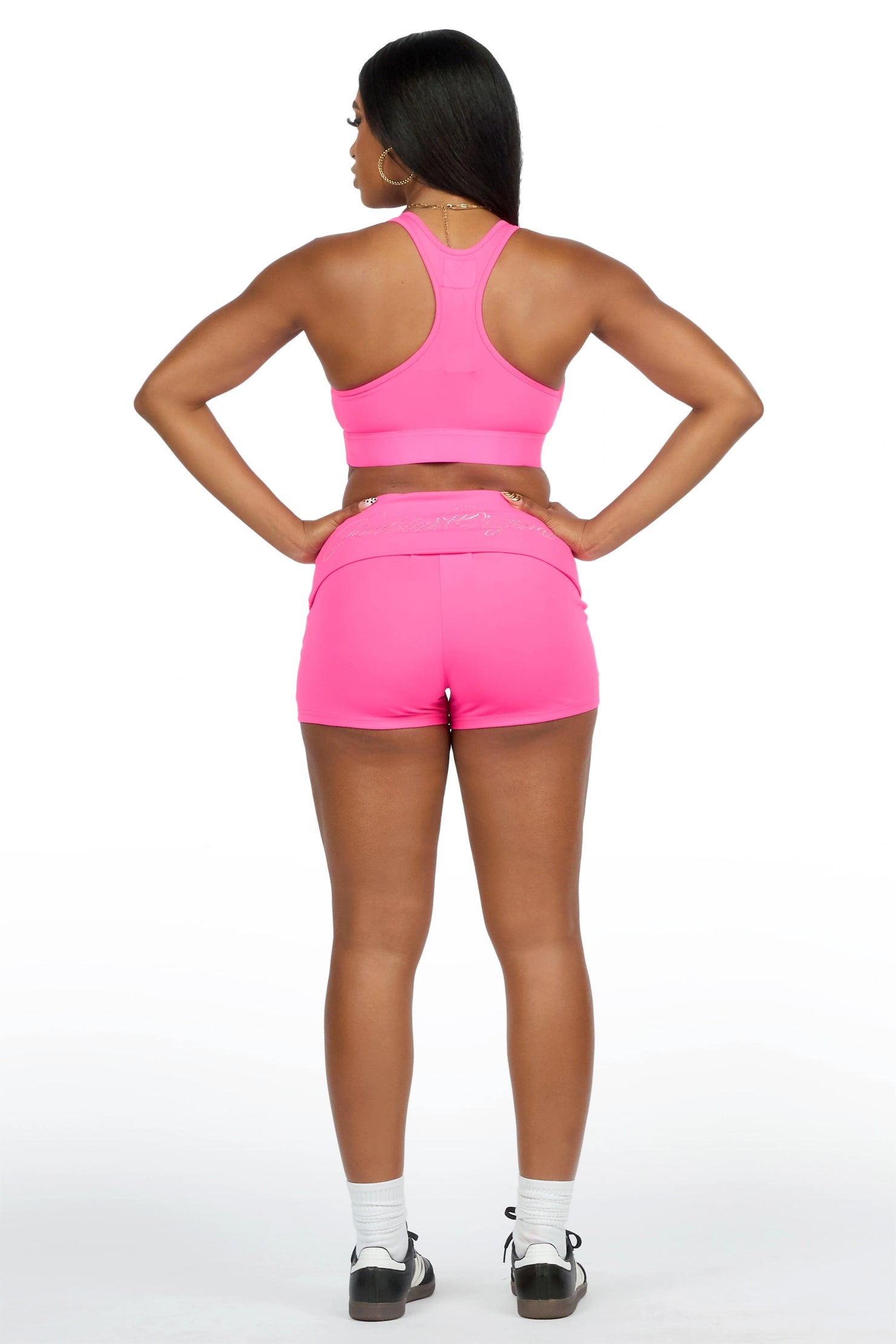 Arieona Hot Pink Rhinestone Sports Bra Foldover Short Set