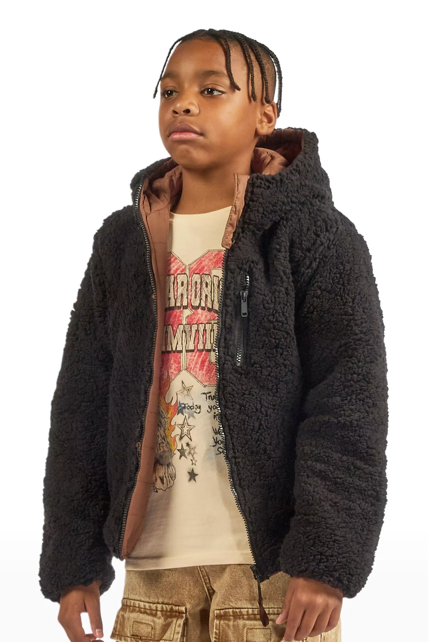 Boys Daegan Brown/Black Reversible Fur Puffer Jacket