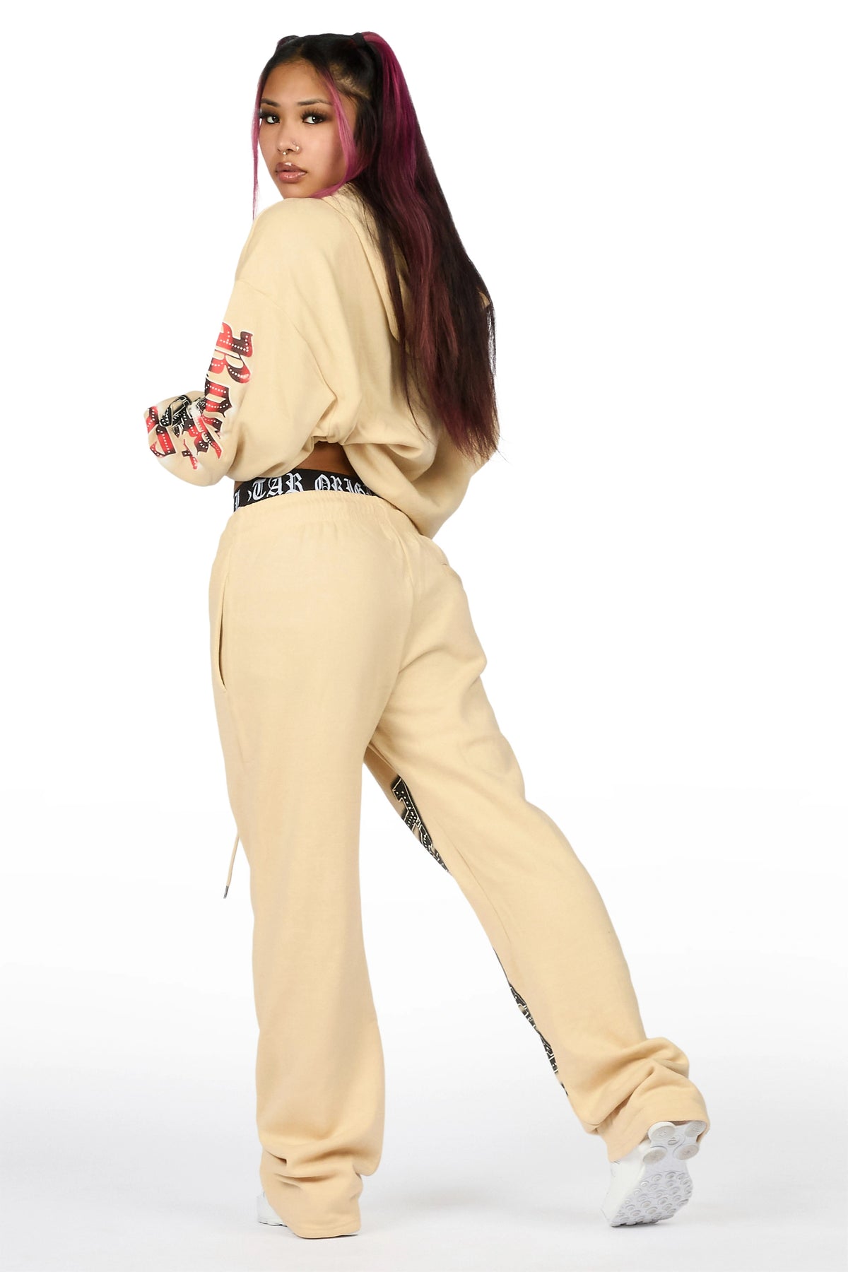 Zarina Beige Graphic Baggy Fit Track Set