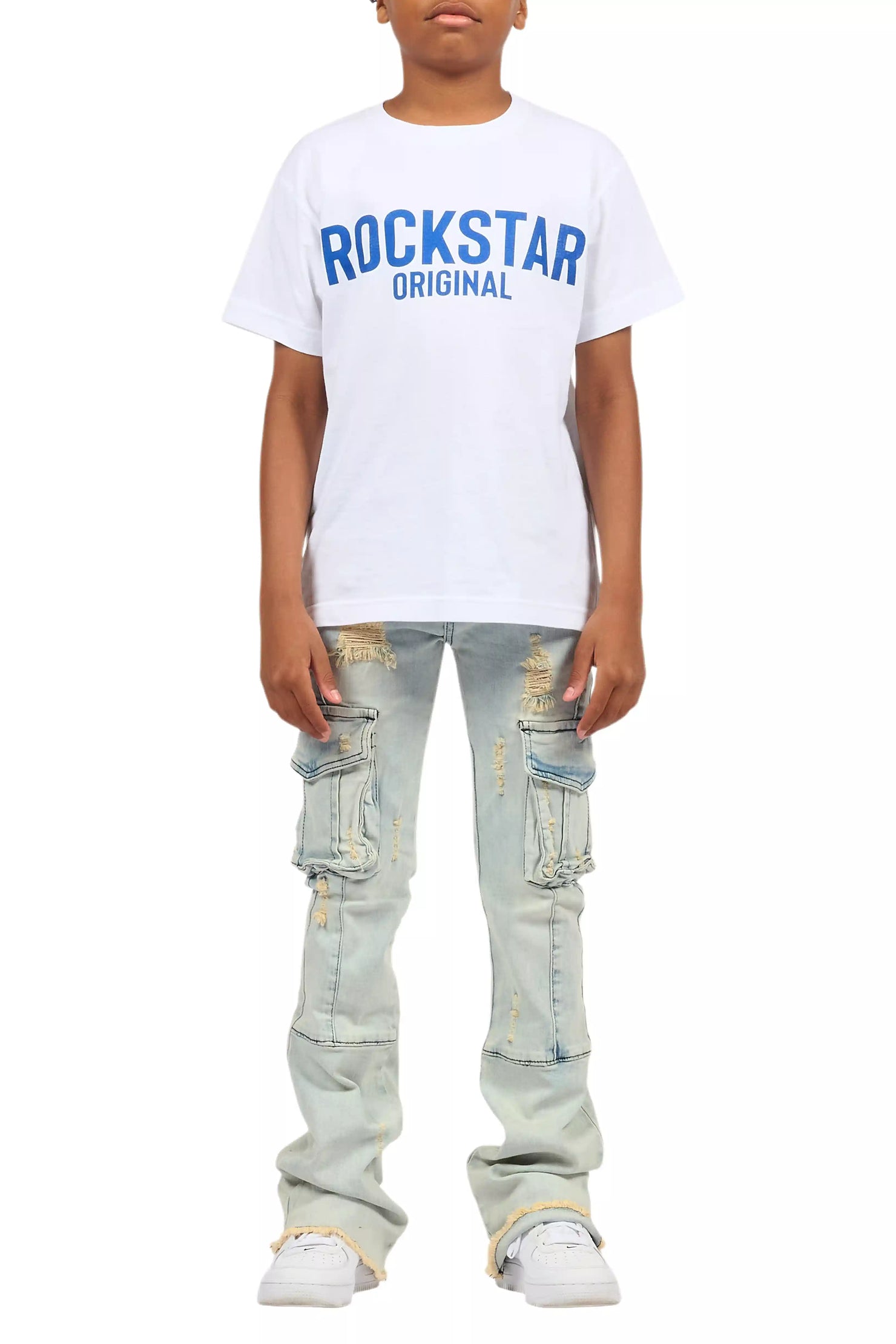 Boys Adalee Blue Slim Stacked Flare Cargo Jean