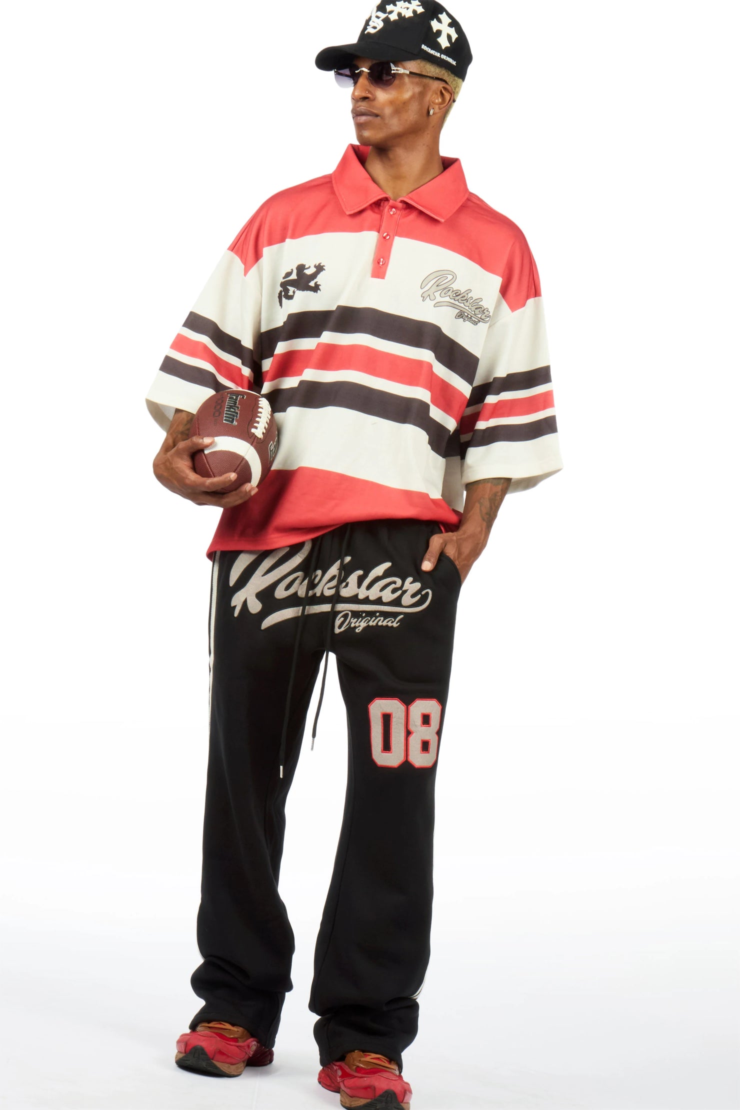 Yazan Red Crop Boxy Polo/ French Terry Relaxed Pant Track Set
