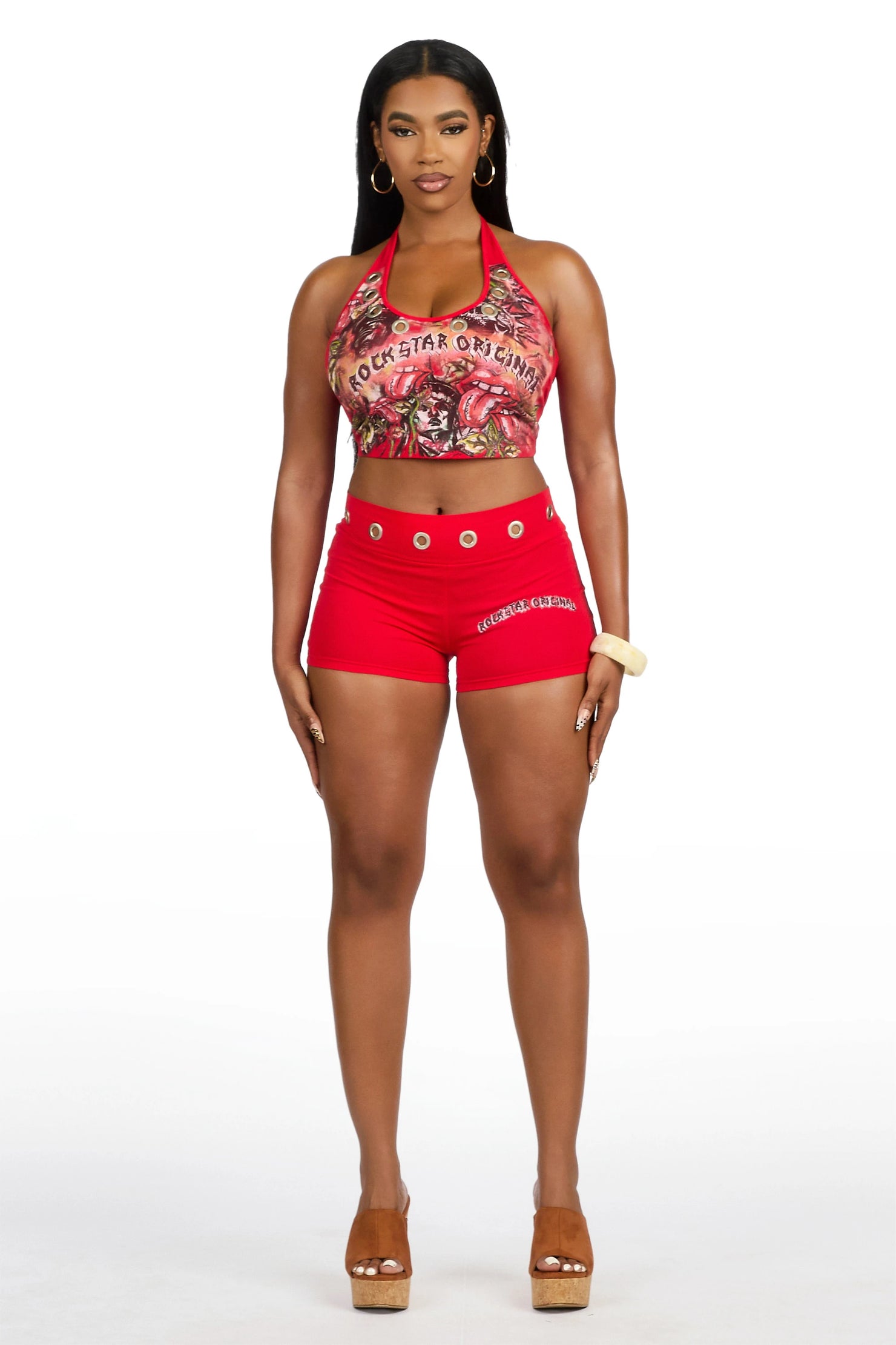 Jakelie Red Halter Top Short Set