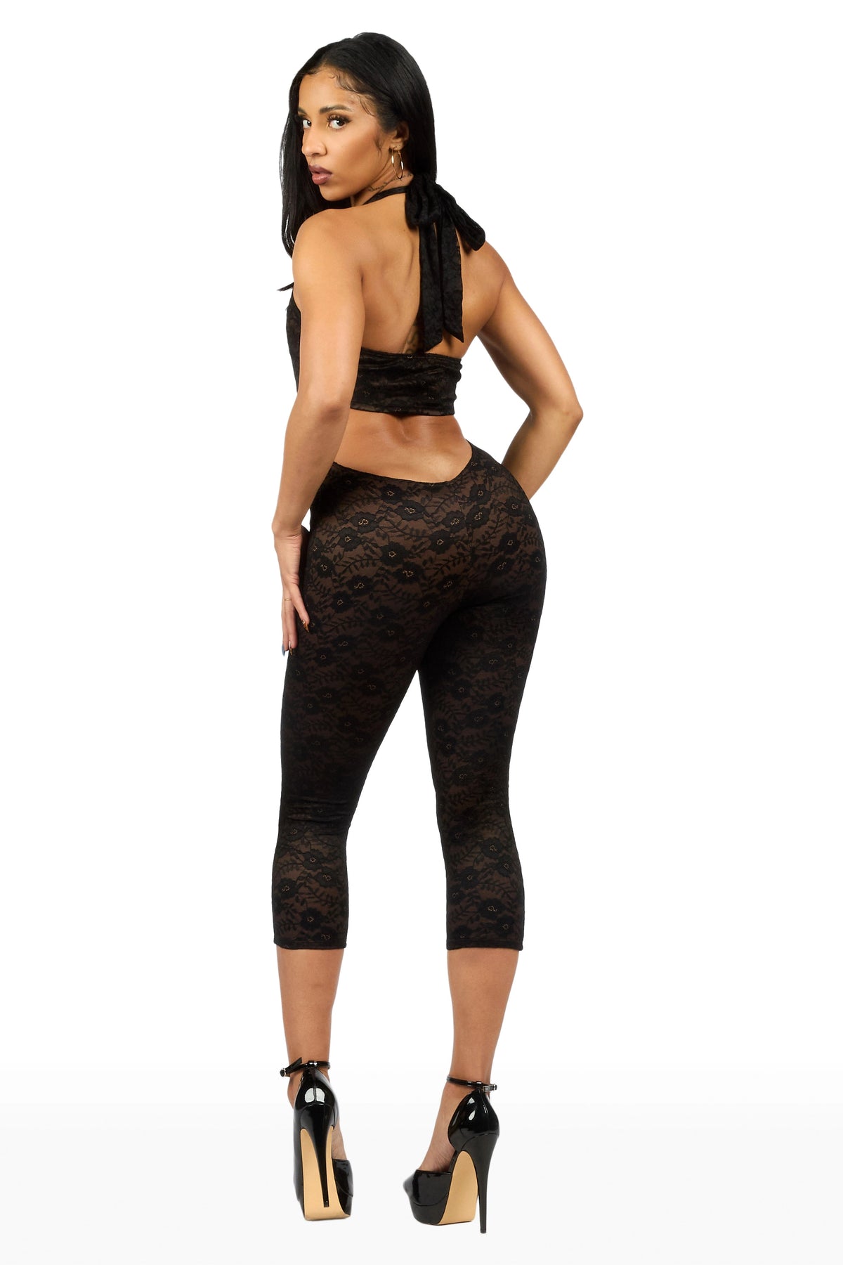 Lacey Floral Black Capri Jumpsuit