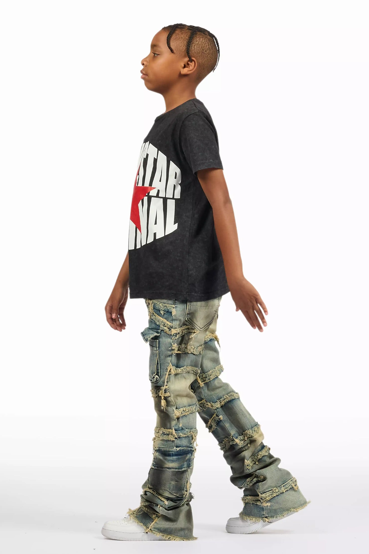 Boys Yves Blue Ripped Stacked Flare Cargo Jeans