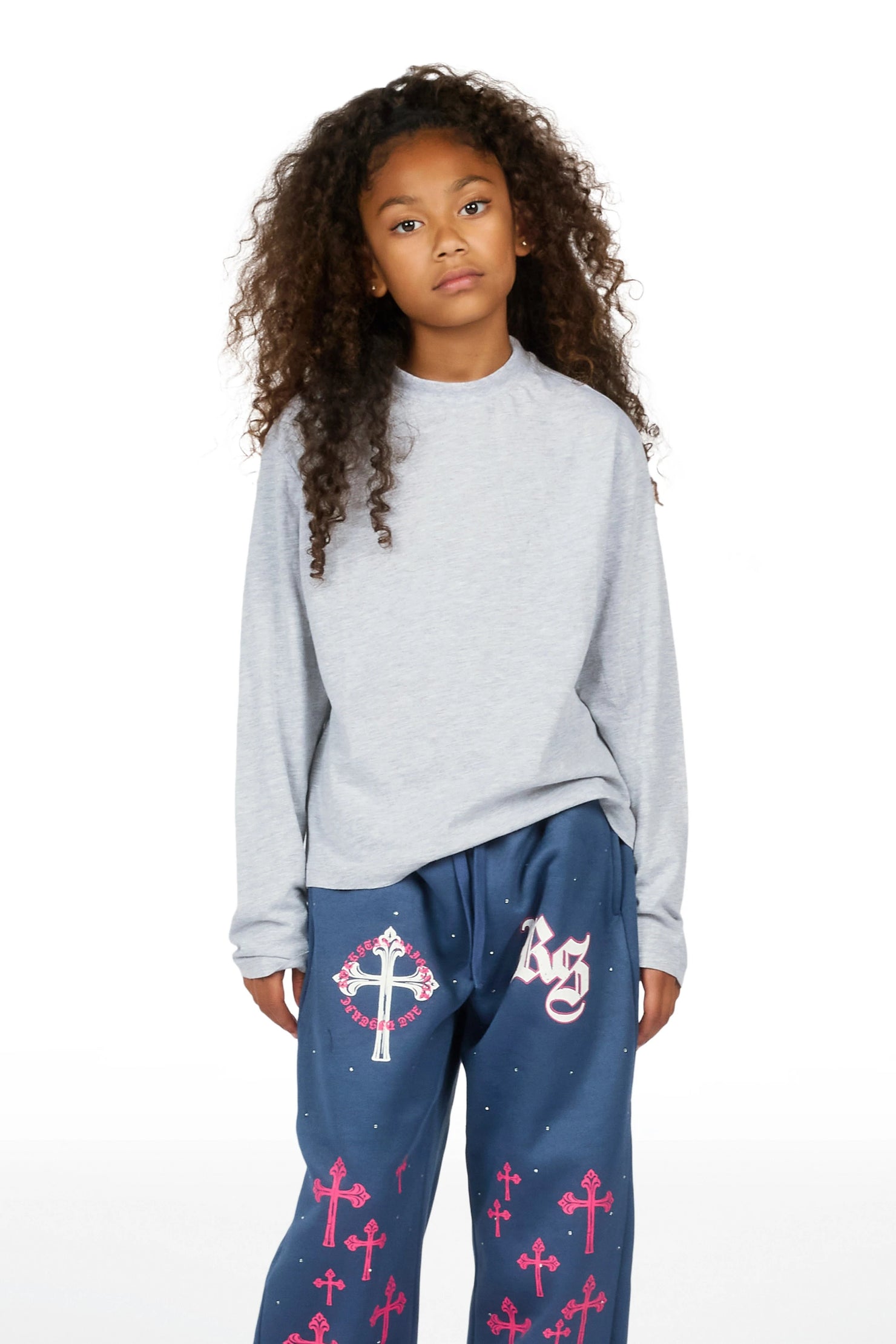 Girls Tonnea Navy Rhinestone Super Baggy Track Pant