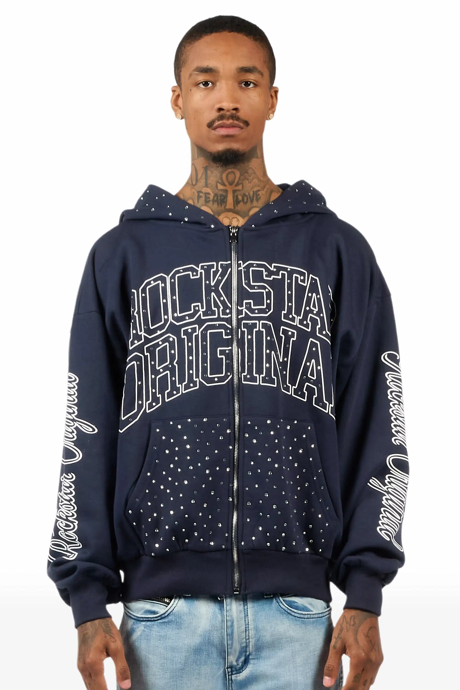 Dripped Navy Rhinestone Hoodie