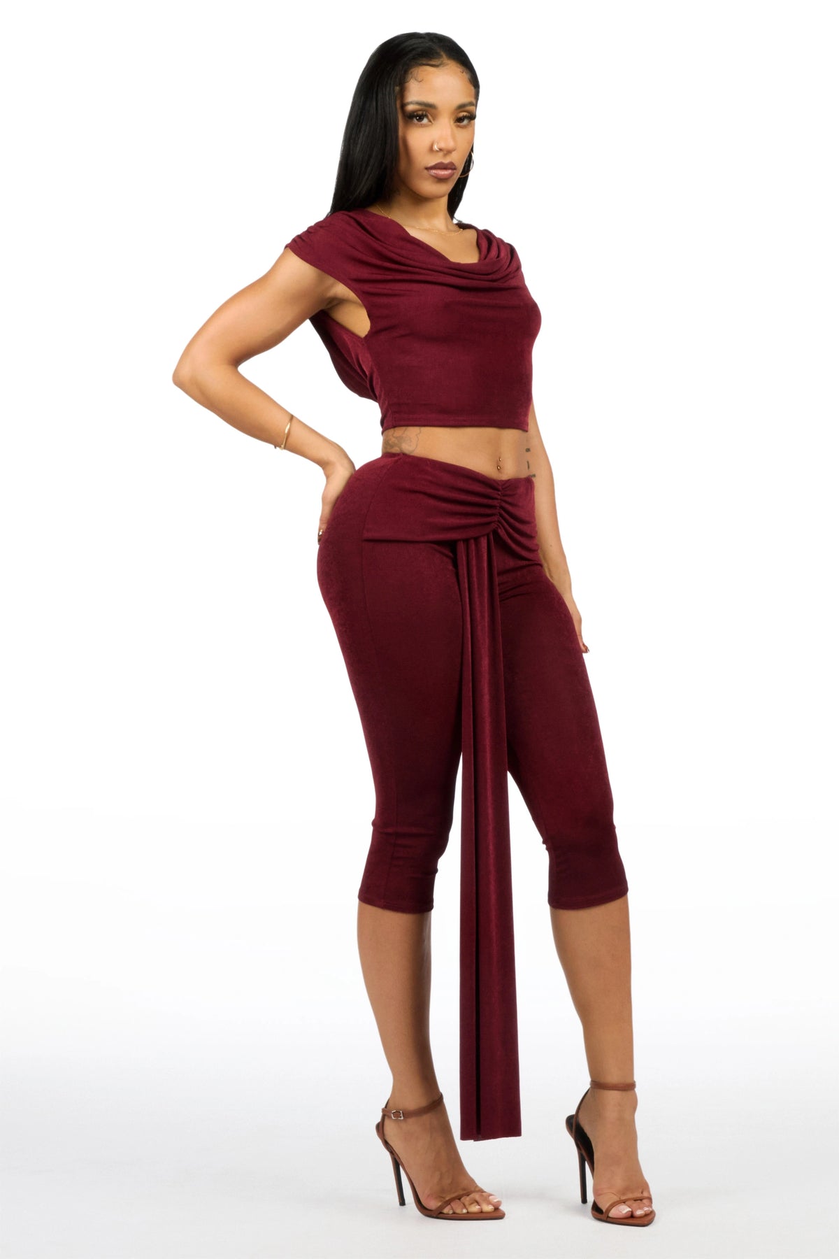 Tie-front V-front Burgundy Capri Set