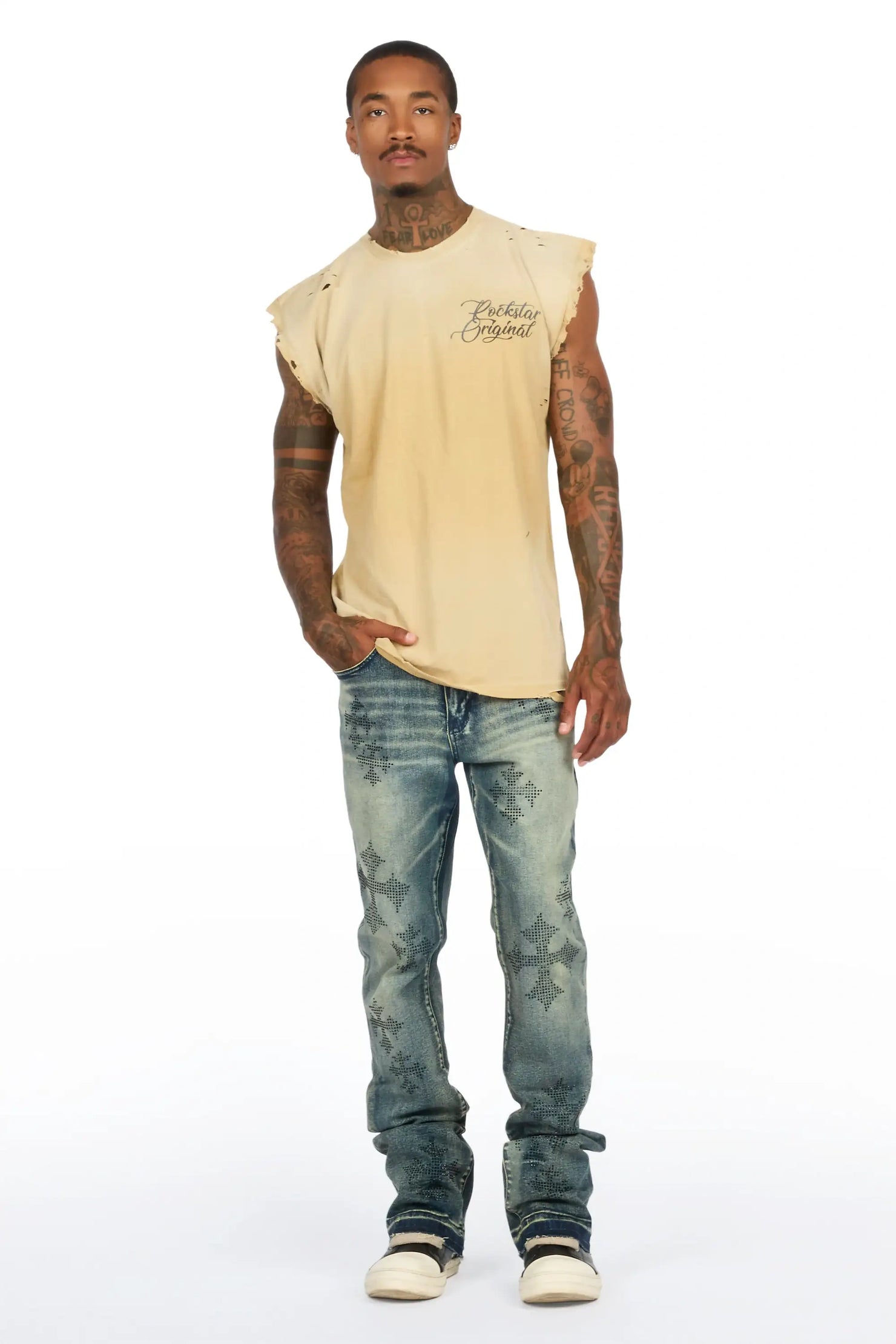 Kamari Dark Blue Rhinestone Stacked Fit Jean