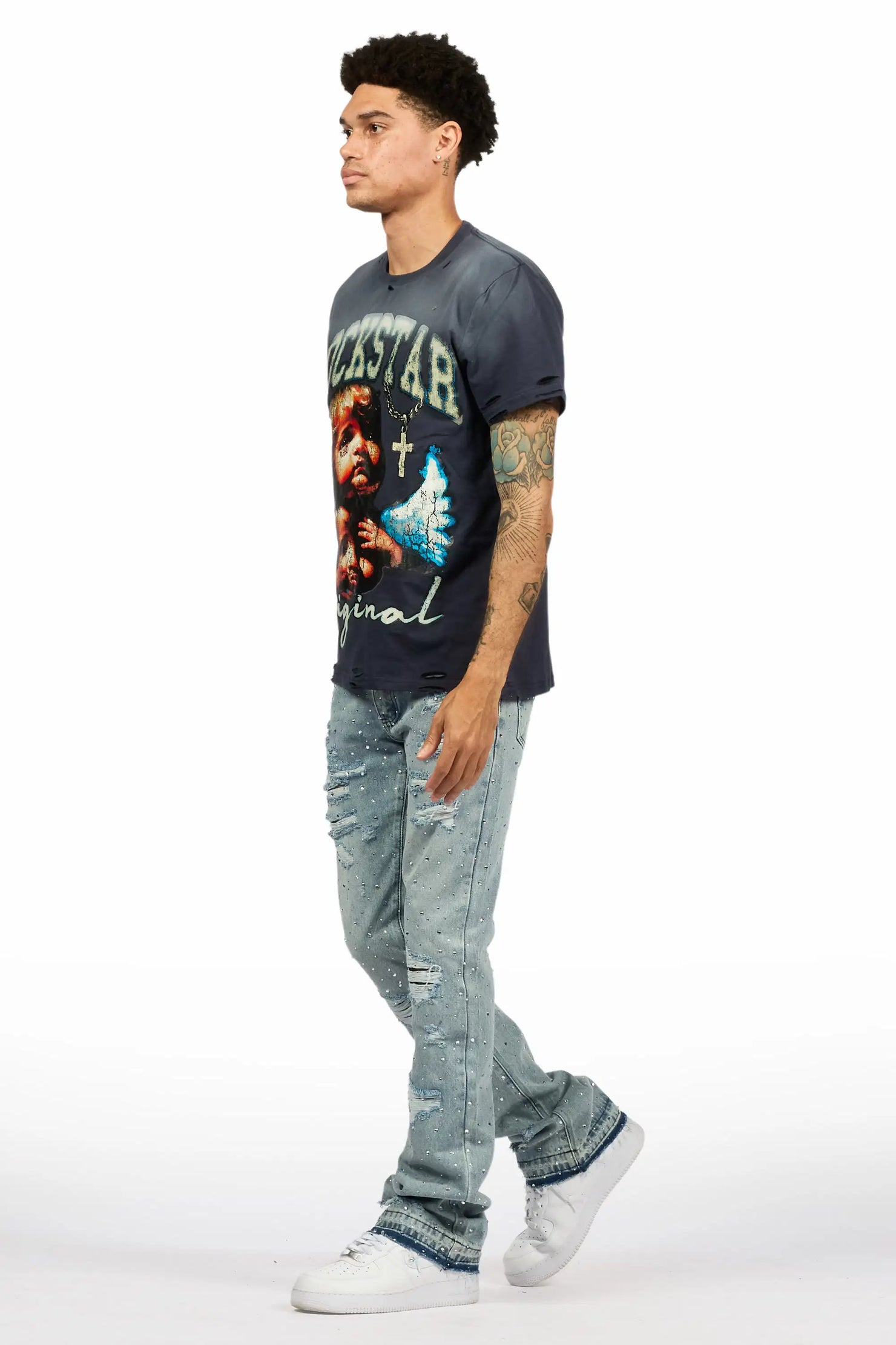 Stunt Blue Rhinestone Stacked Flare Jean