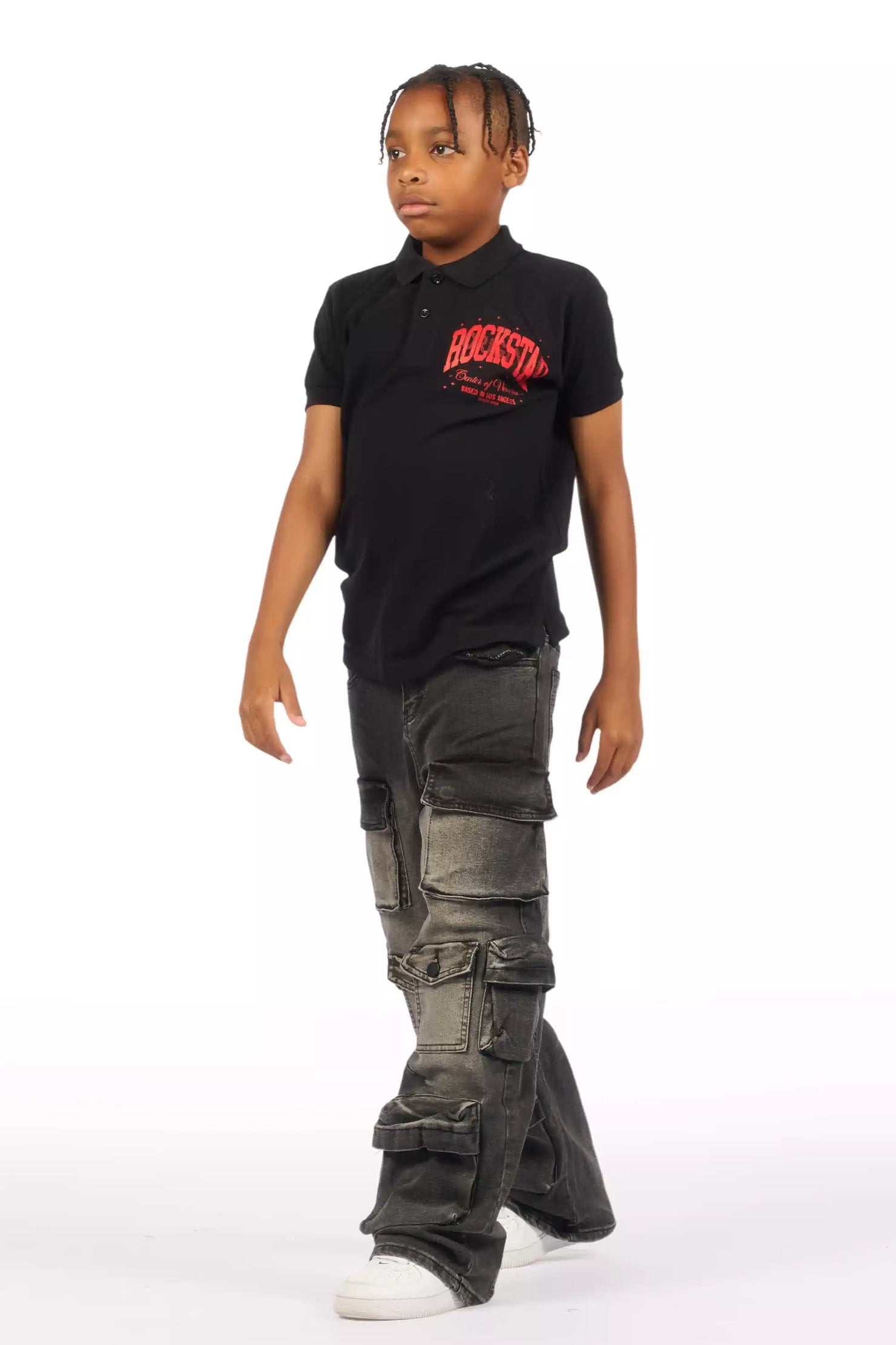 Boys Mahesh Dark Grey Tint Wash  Baggy Cargo Jean