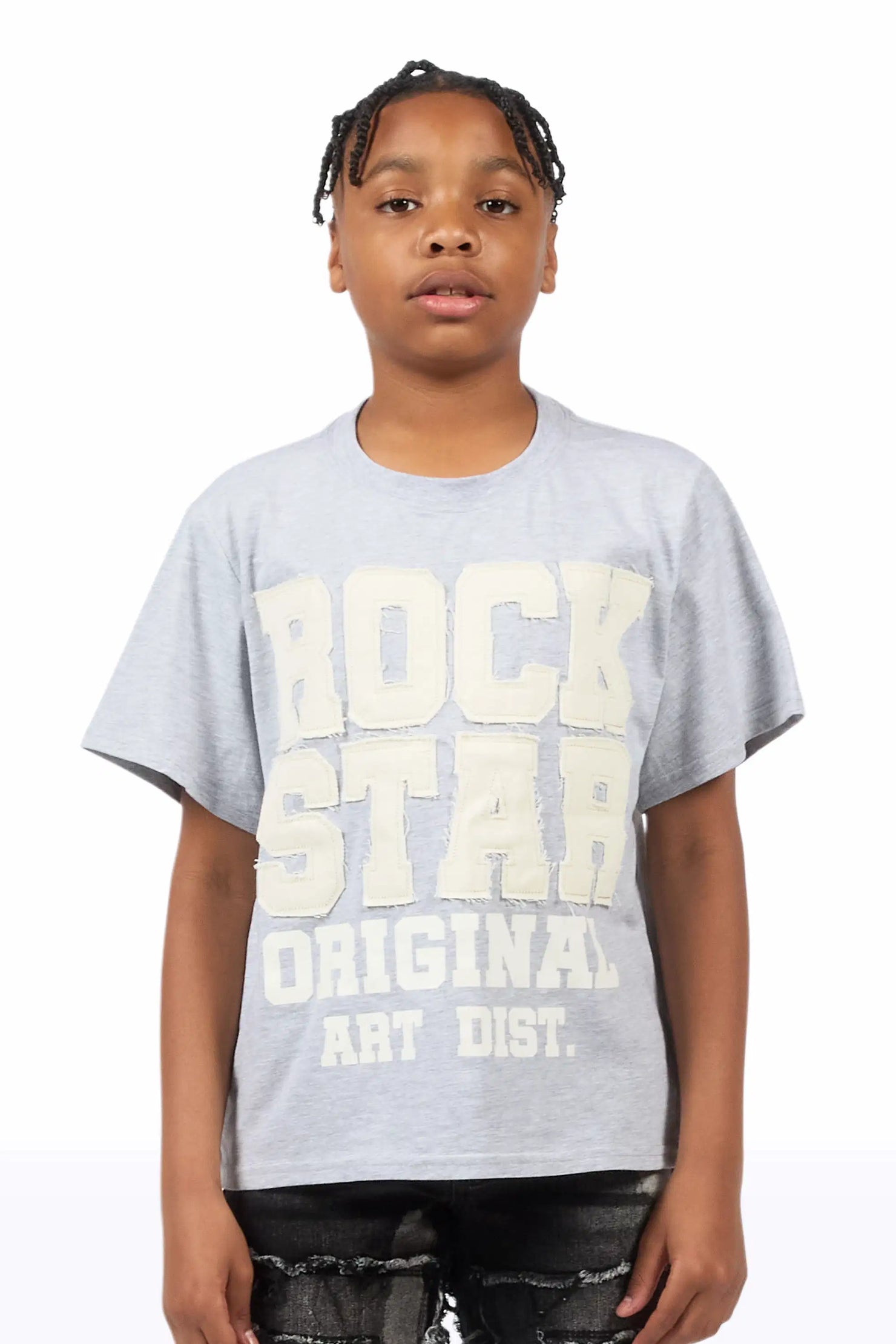 Boys Yulian Heather Grey Patch Stitched Graphic T-Shirt