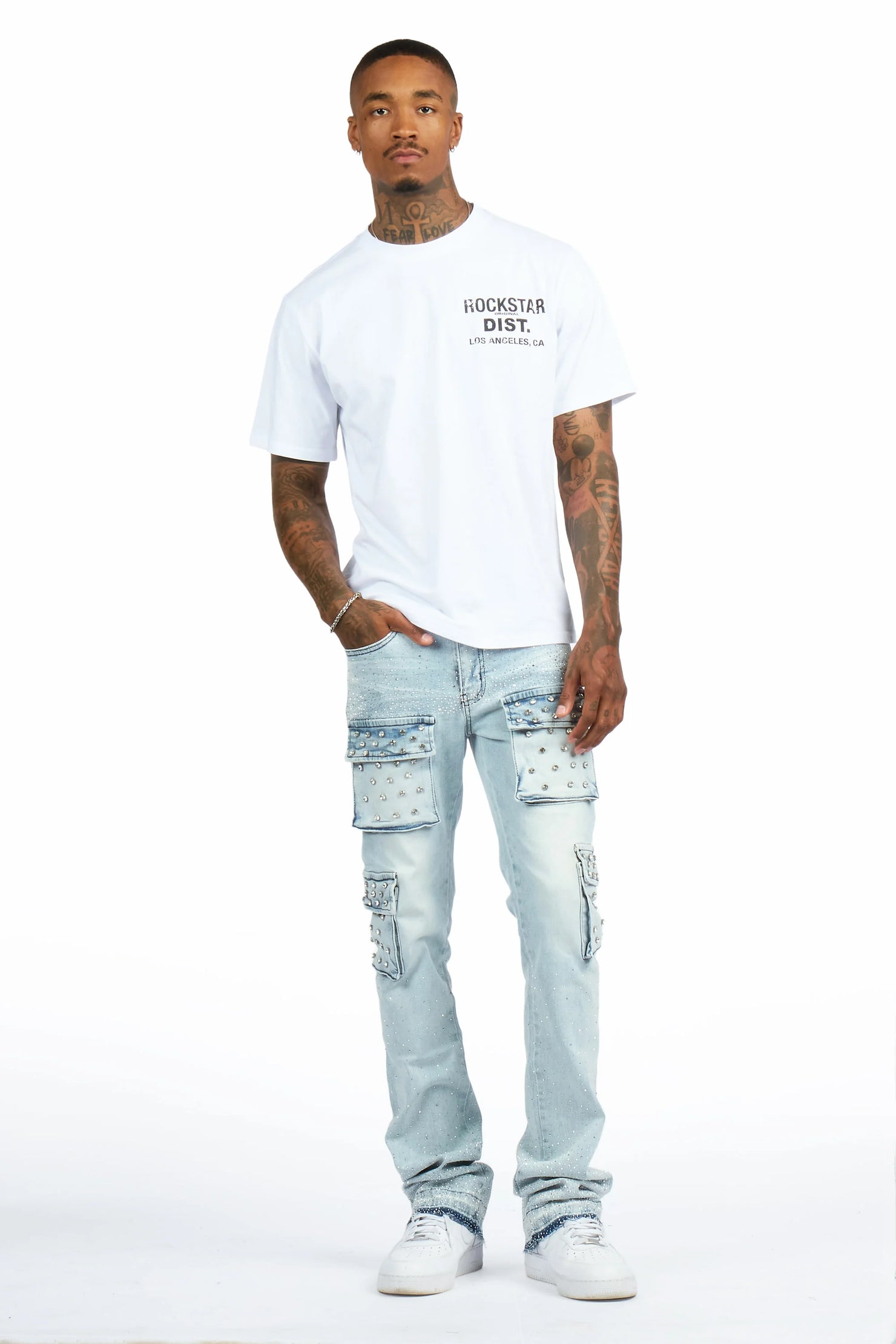 Arman Light Blue Rhinestone Stacked Fit Jean