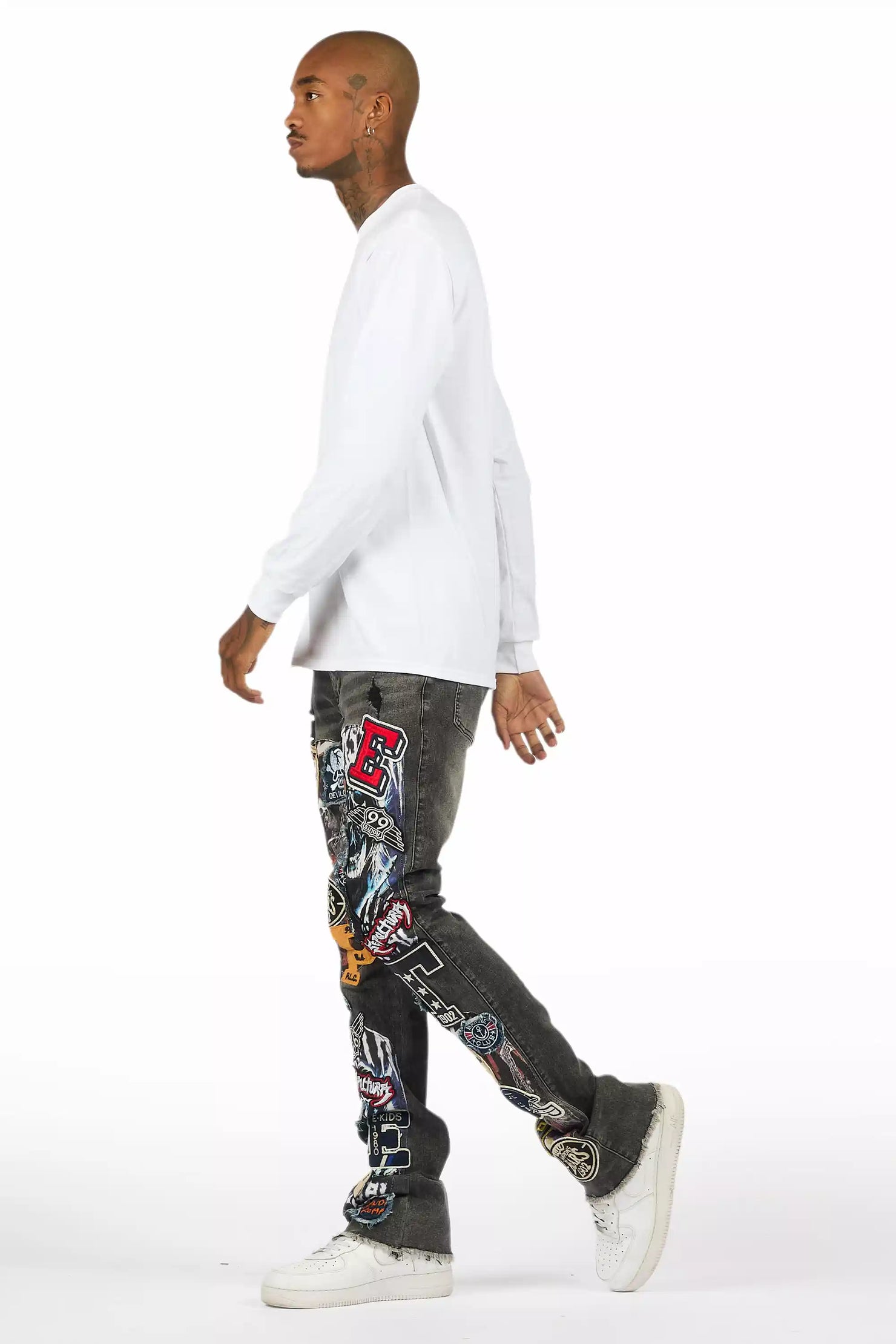 Espan Dark Grey Stacked Flare Jean