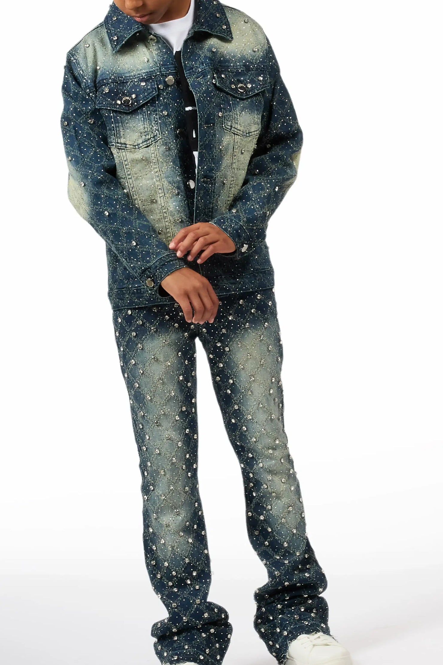 Boys Sareka Dark Wash Rhinestone Denim Jacket & Sareka Stacked Jean Set