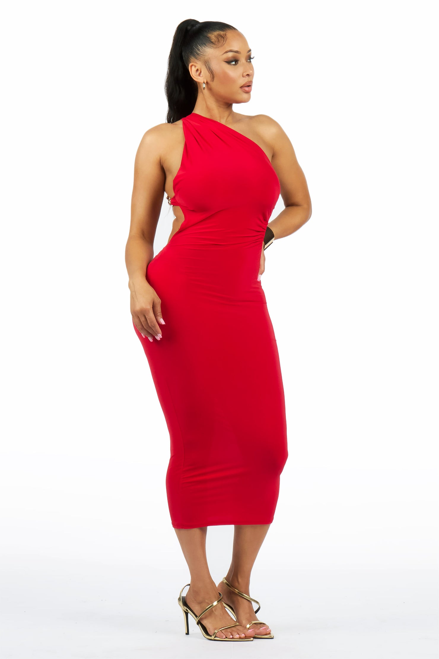 Chain-Back Asym Red Midi Dress