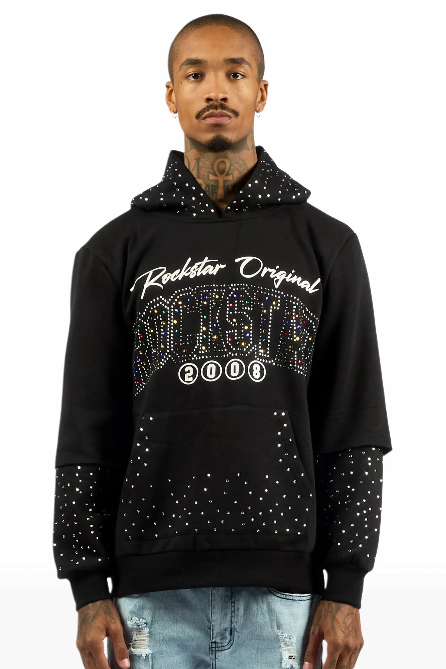 Gabino Black Rhinestone Boxy Crop Hoodie