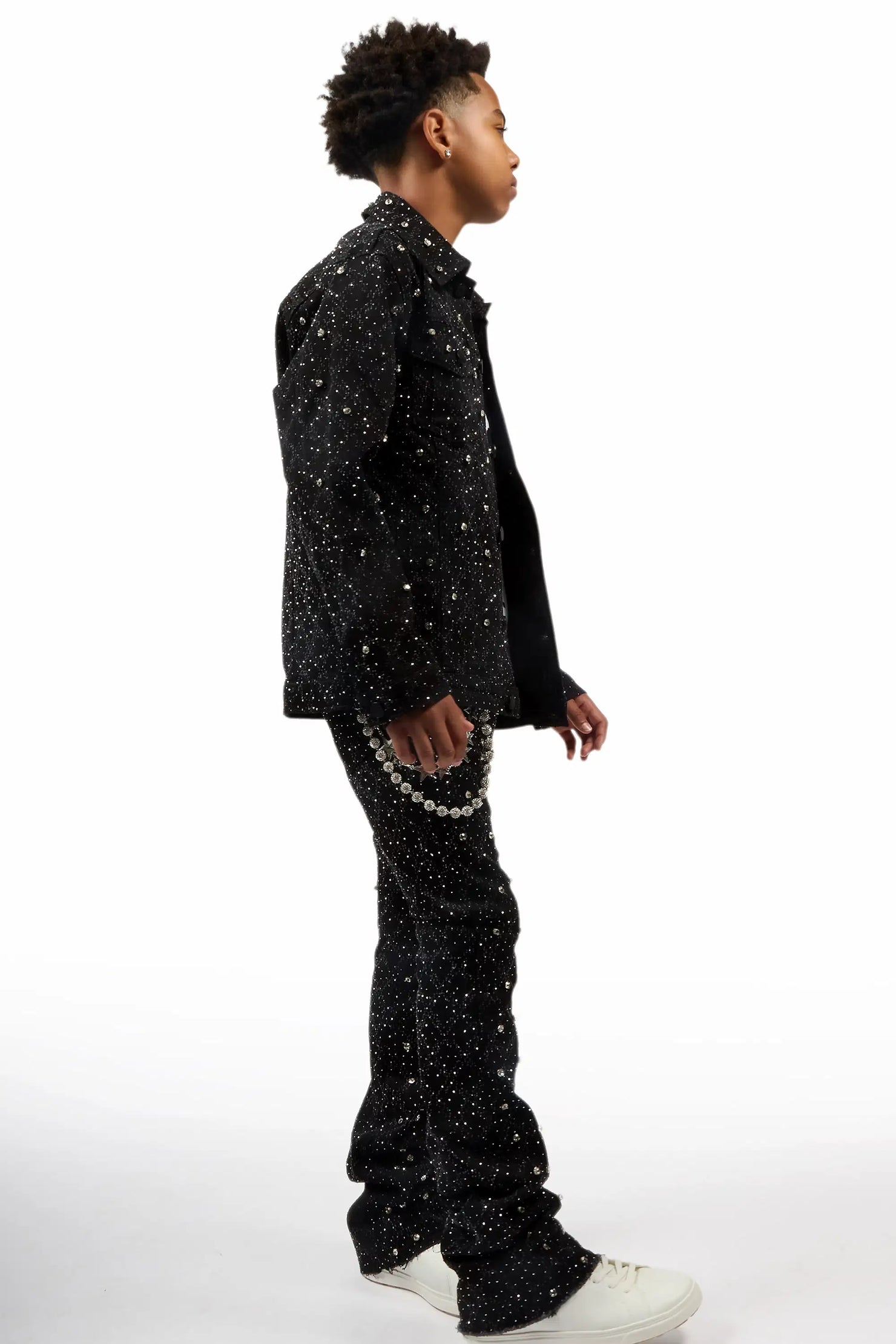 Boys Sareka Black Rhinestone Denim Jacket & Sareka Stacked Jean Set