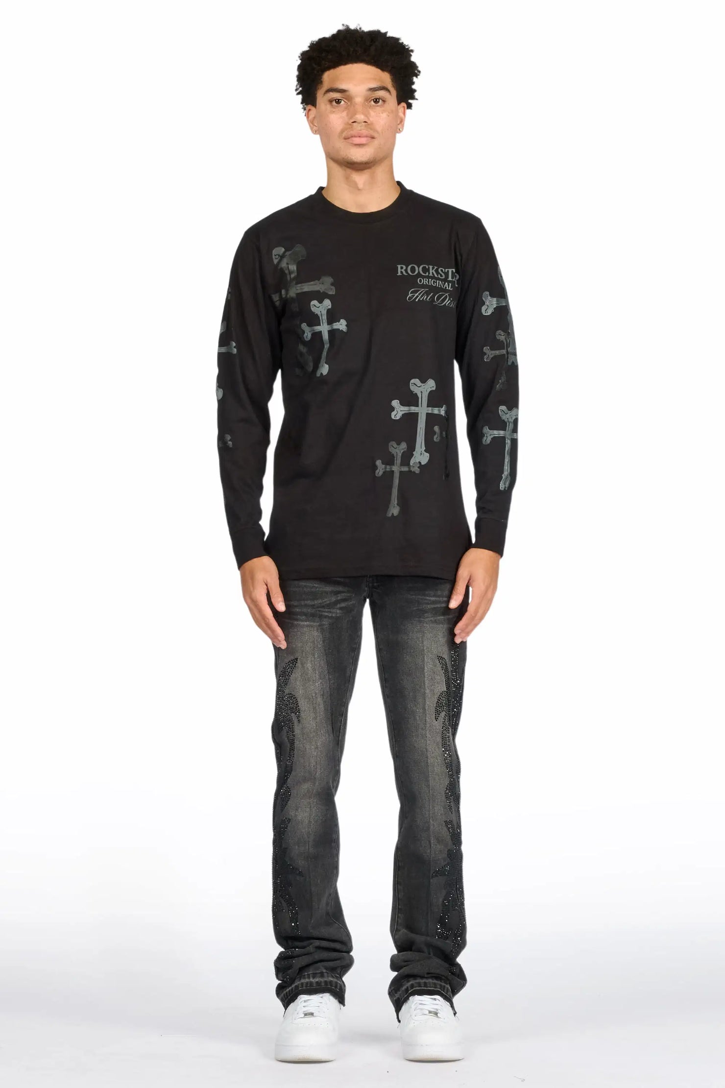 Shamaz Rhinestone Dark Grey Stacked Flare Jean