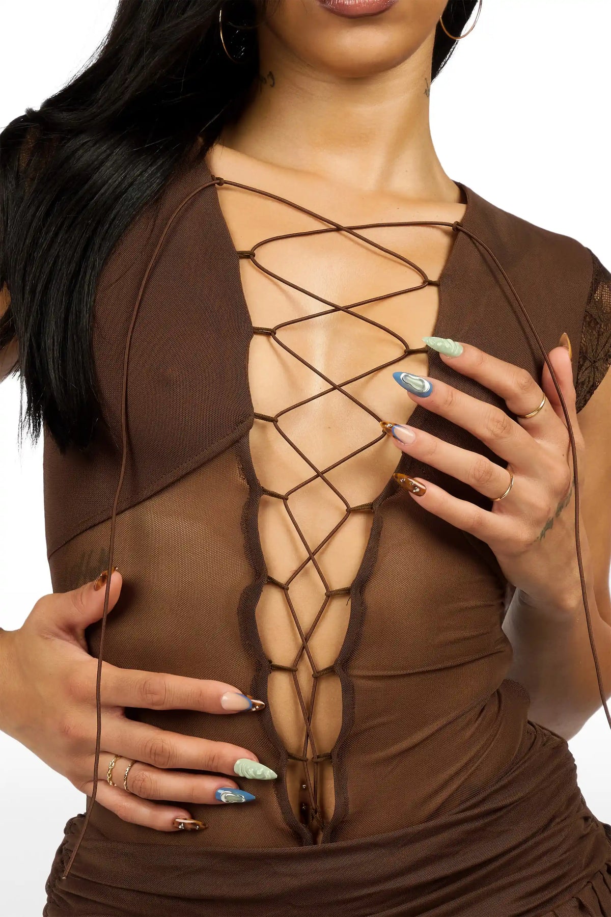 Lace-it-up Brown Deep V Mini Dress