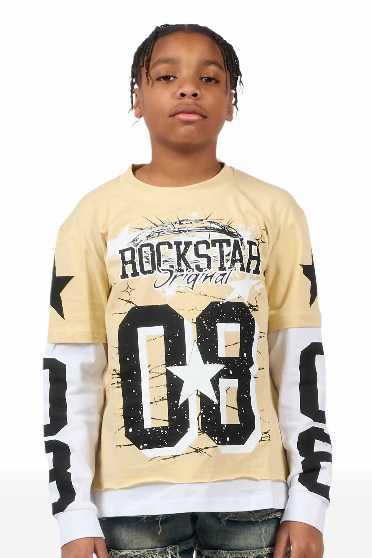 Boys Allstar Beige/Black Double Layer L/S Graphic T-Shirt