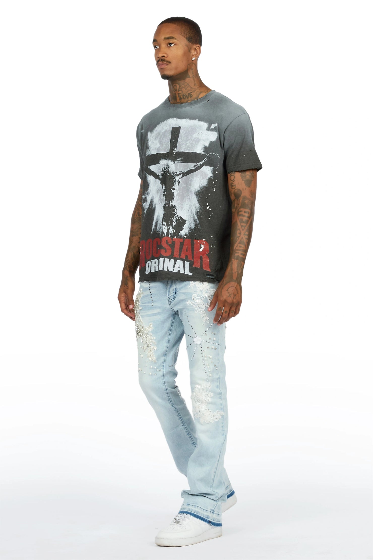 Yezen Light Blue Rhinestone Stacked Fit Jean
