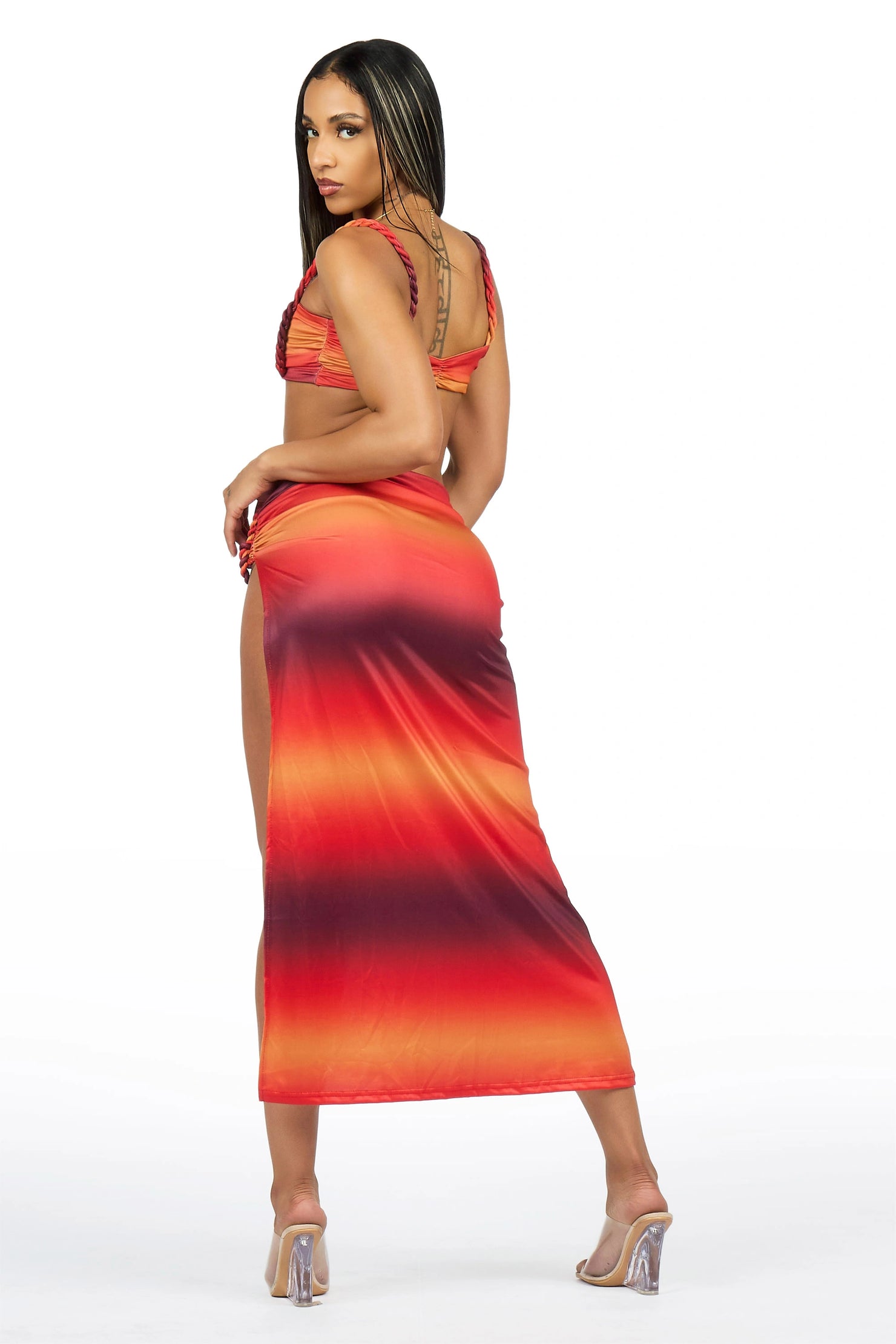 Braid-It Strap Orange Ombre Crop Top & Maxi Skirt Set