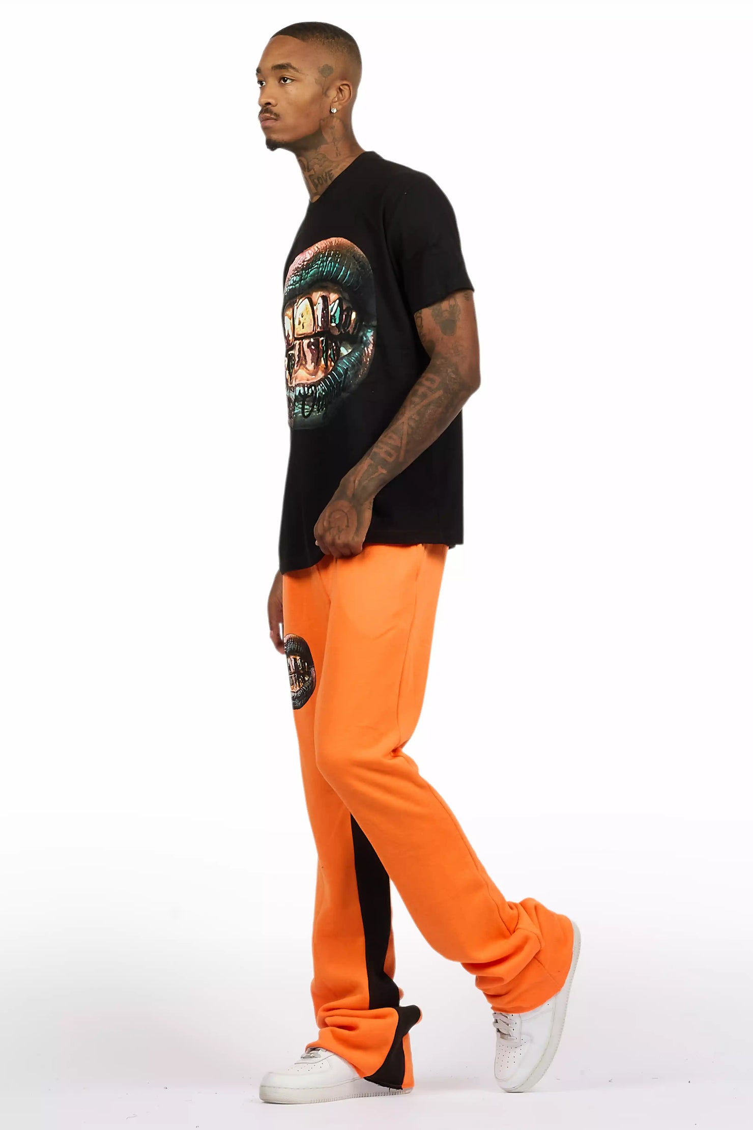 Darce Black/Orange T-Shirt/Stacked Baggy Track Pant Set