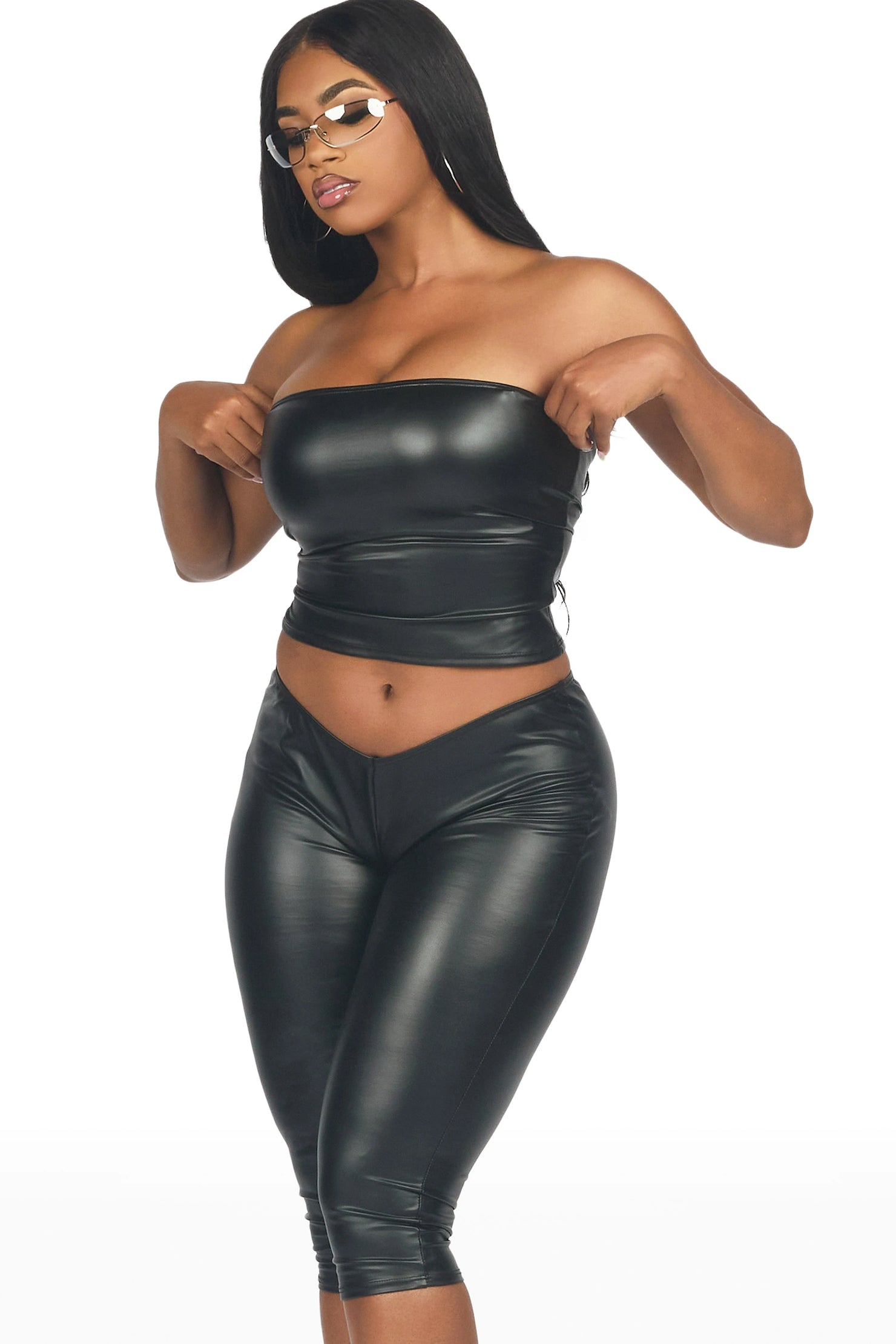 Deep V Pleather Black Capri Set