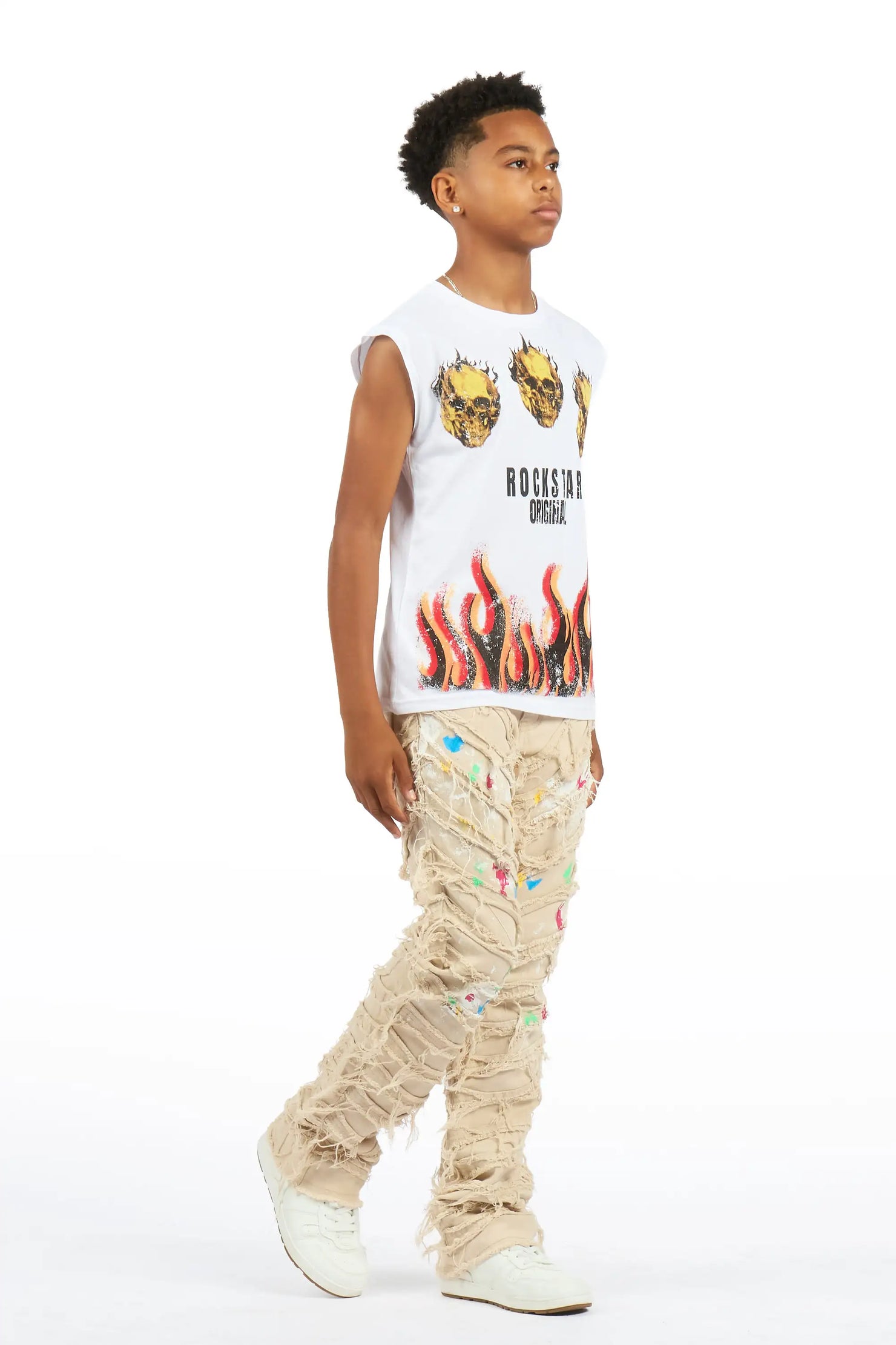 Boys Charly 2.0 Beige Stacked Painter Flare Jean